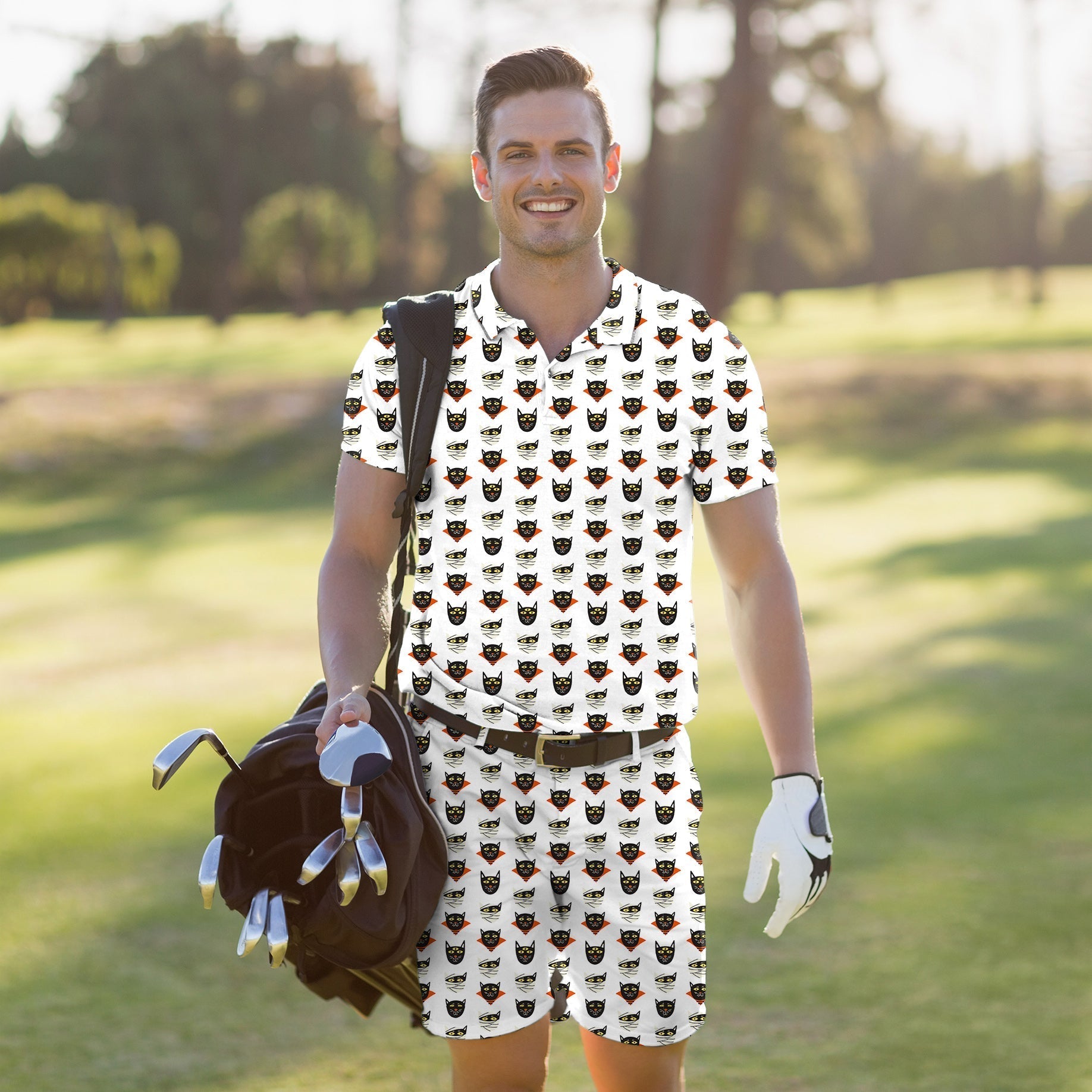Men's golf set with Halloween mummy cat print polo and shorts, breathable moisture-wicking fabric, four-way stretch, UPF 40+ protection, wrinkle-resistant, classic fit.