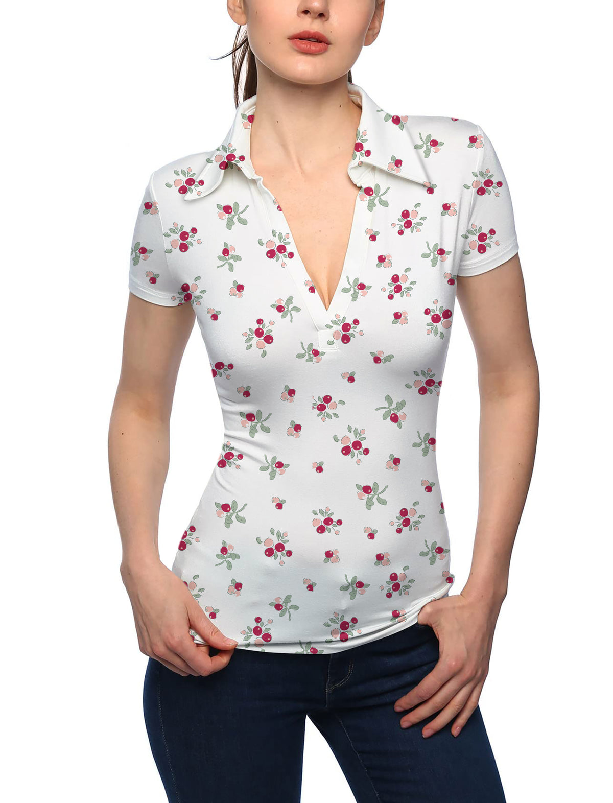 Women's Christmas holly berries V Neck Golf Polo