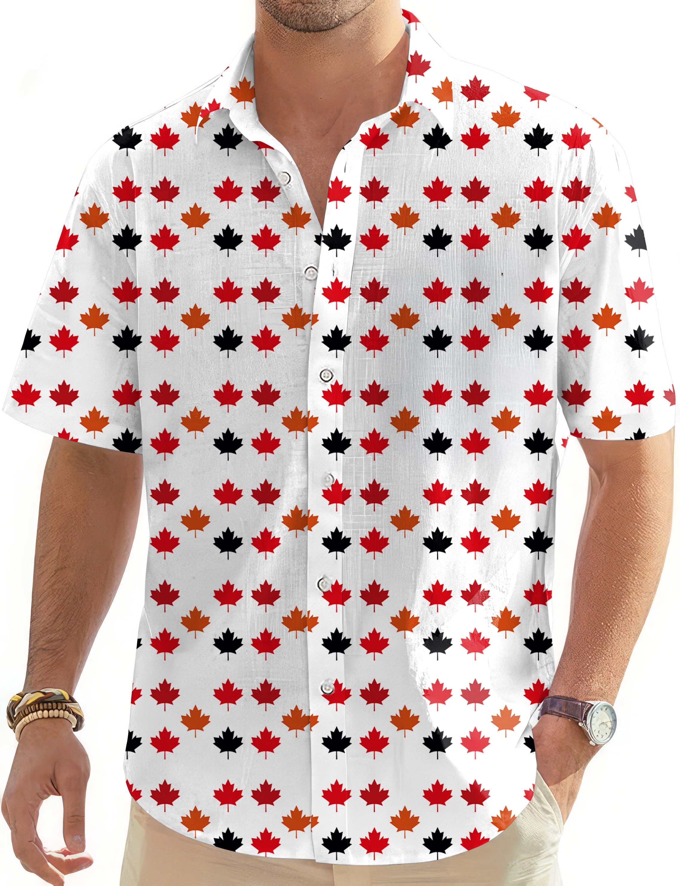 Canada Four Color Maple Leaves men's short sleeve button-down Hawaiian golf shirt