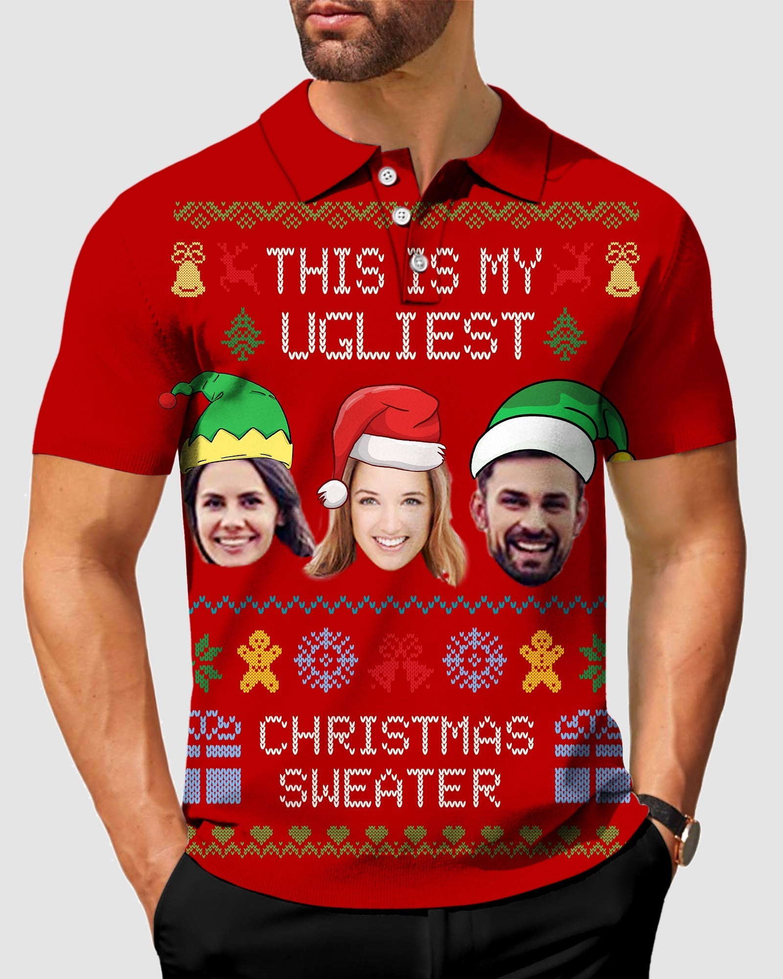 Men's red Christmas custom face polo with personalized photo design and festive holiday print