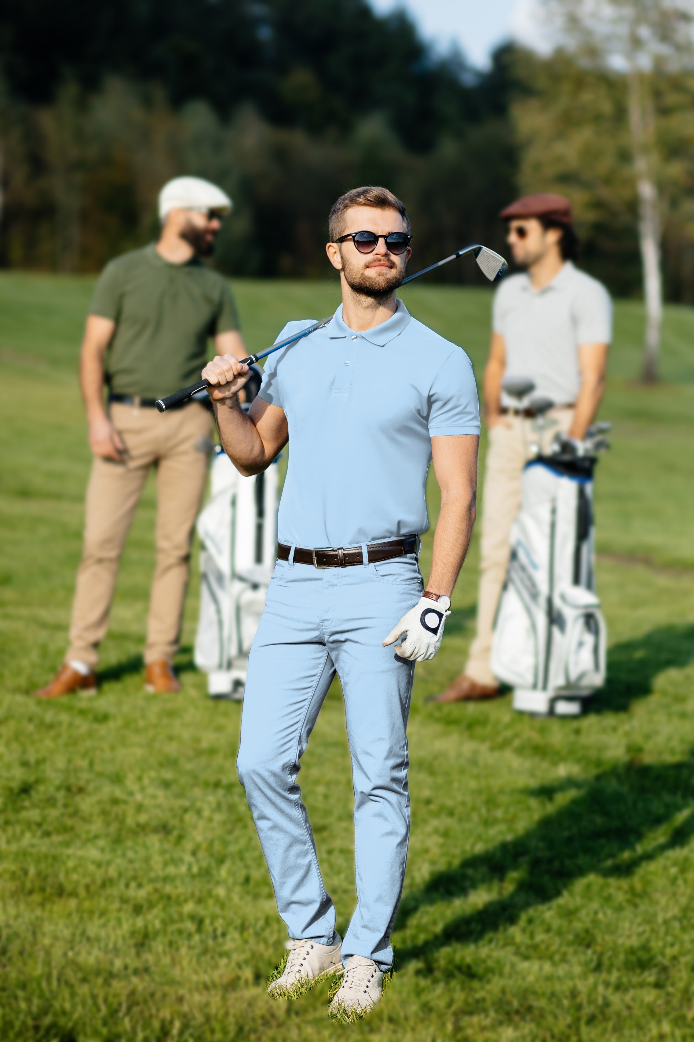 Men's golf set polo and pants in pure sky with four-way stretch, moisture-wicking fabric, wrinkle-resistant, and UPF 40+ protection.