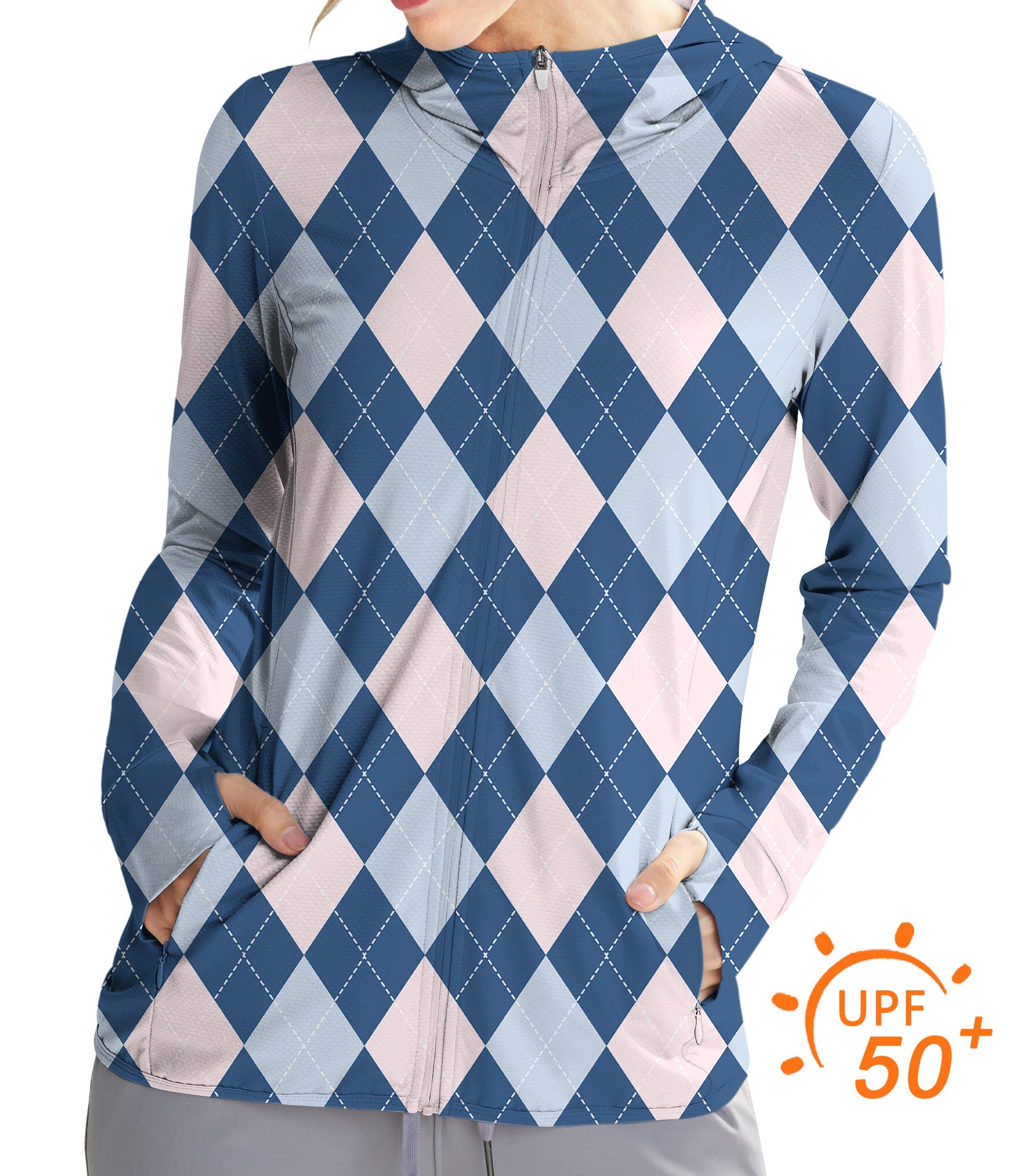 Women's outdoor blue argyle zip hoodie with sun protection and slim fit design