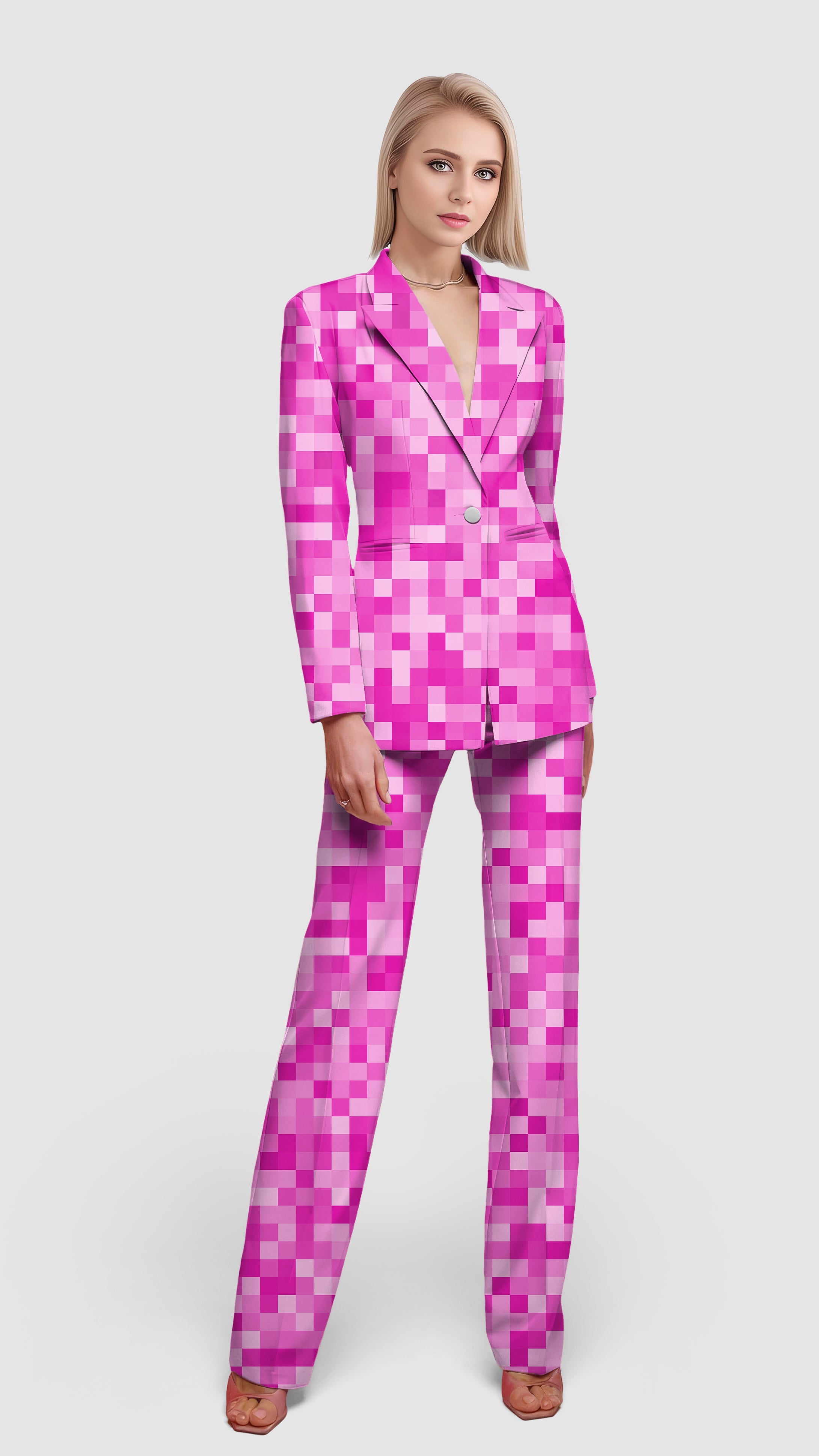 Rose red pixel pattern women's blazer and matching pants suit set for casual and office wear