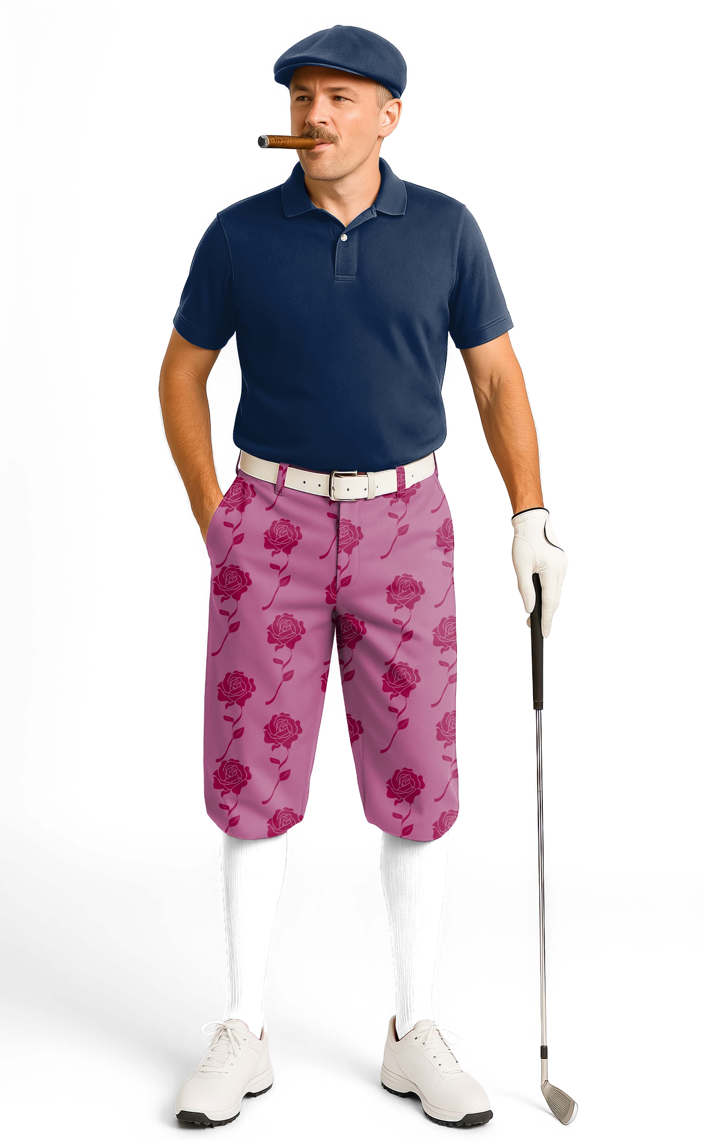 Men's golf knickers pants with red roses pattern, ultra-soft, breathable, wrinkle-resistant fabric, and adjustable velcro size.