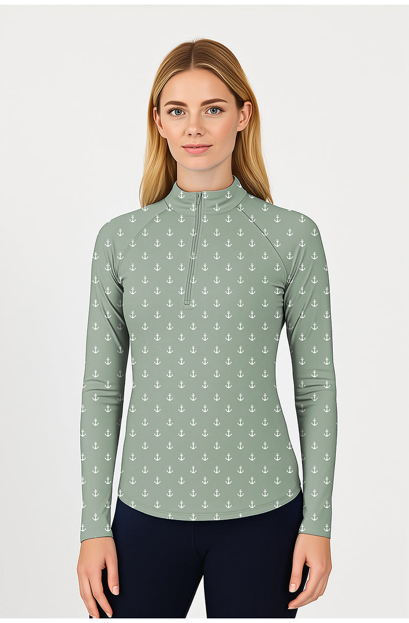 Light green anchor print women's golf 3/4 zip active top with long sleeves and mock collar