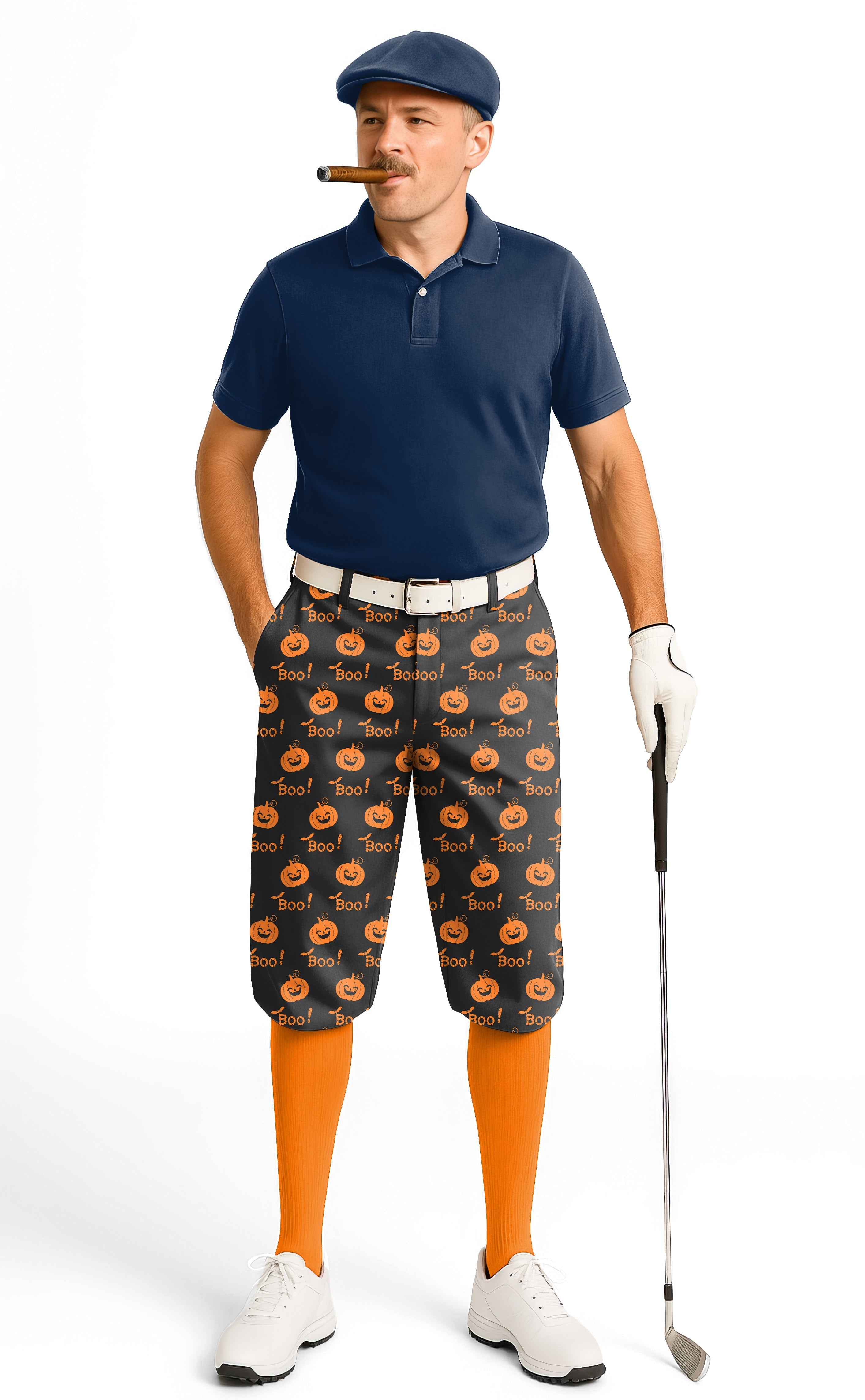 Men's Halloween Boo Pumpkin golf knickers with pumpkin and "Boo!" print, orange socks, and navy polo shirt