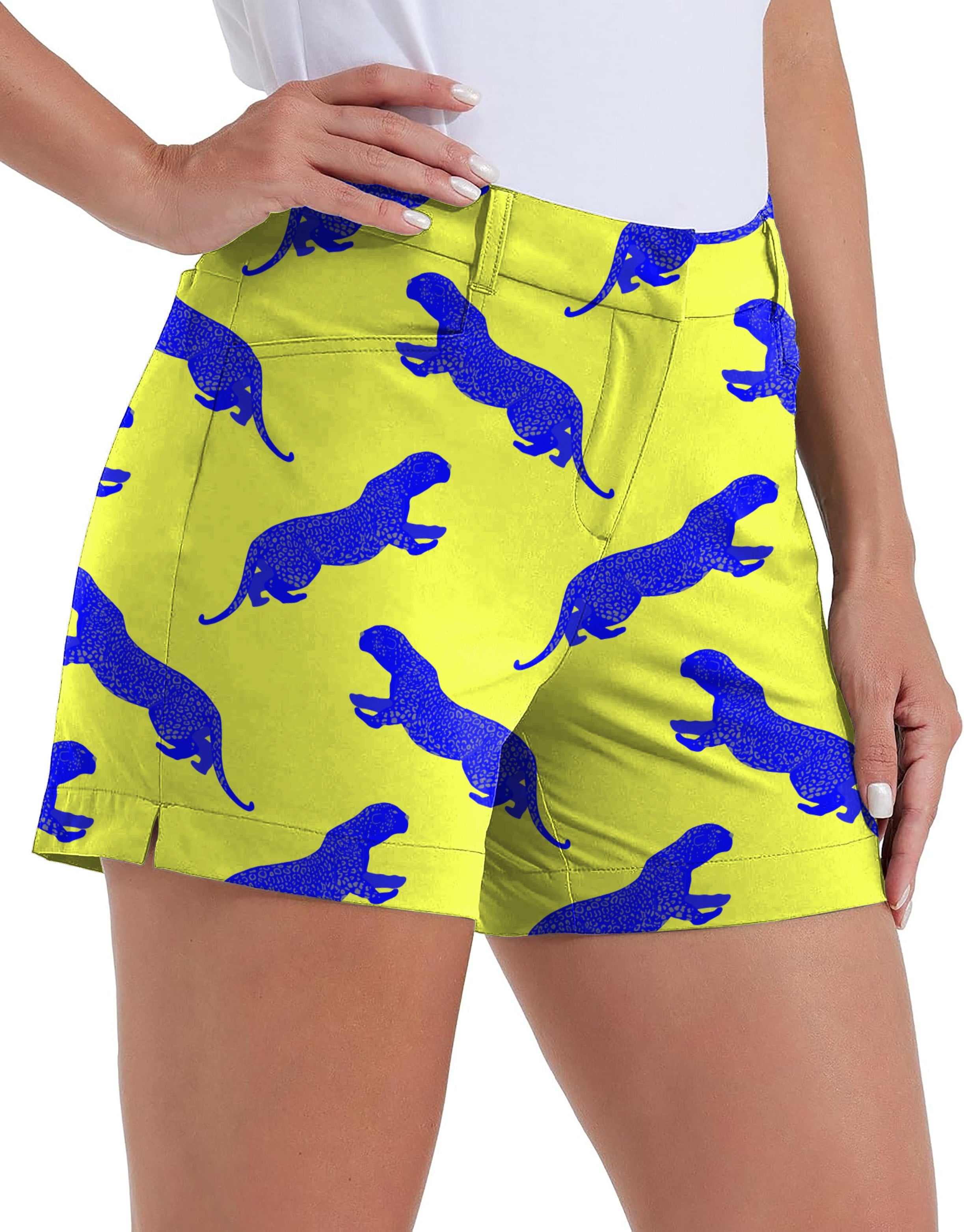 women's quick-drying golf shorts with blue leopard own logo pattern and pockets