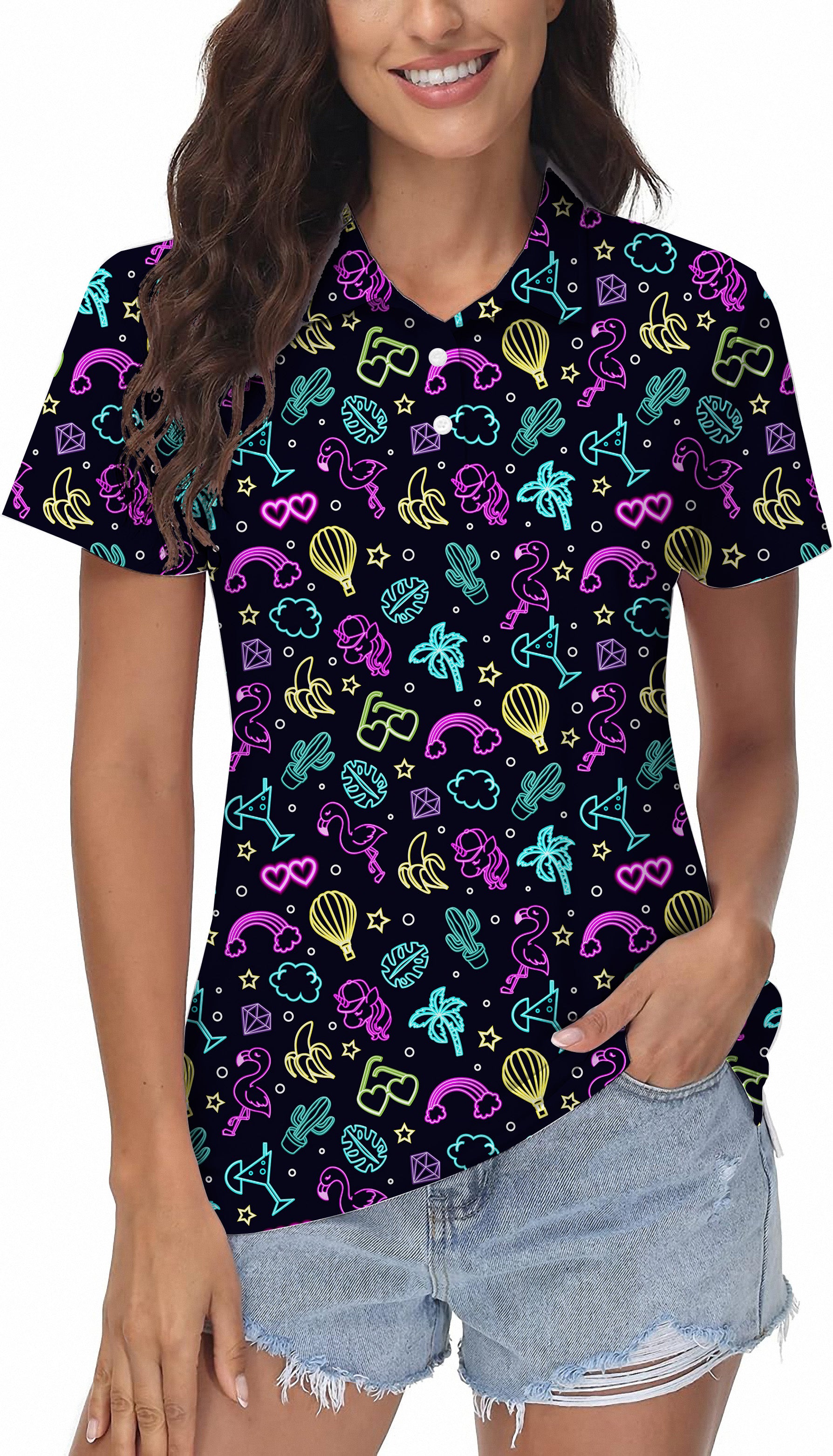 Women's Neon Flamingo tropic Golf Polo