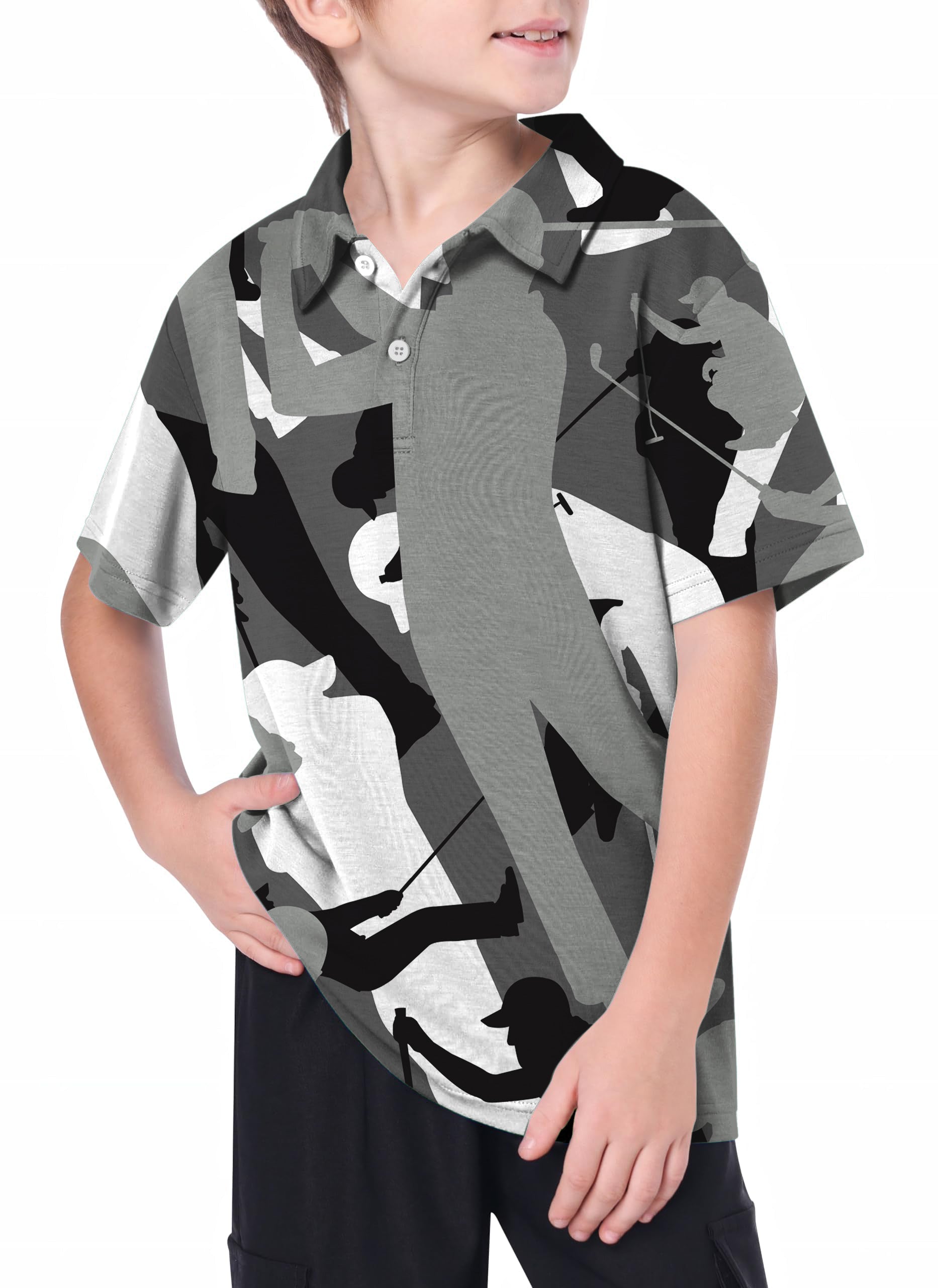 Youth black and white golf polo shirt with performance fabric features and camo golf design