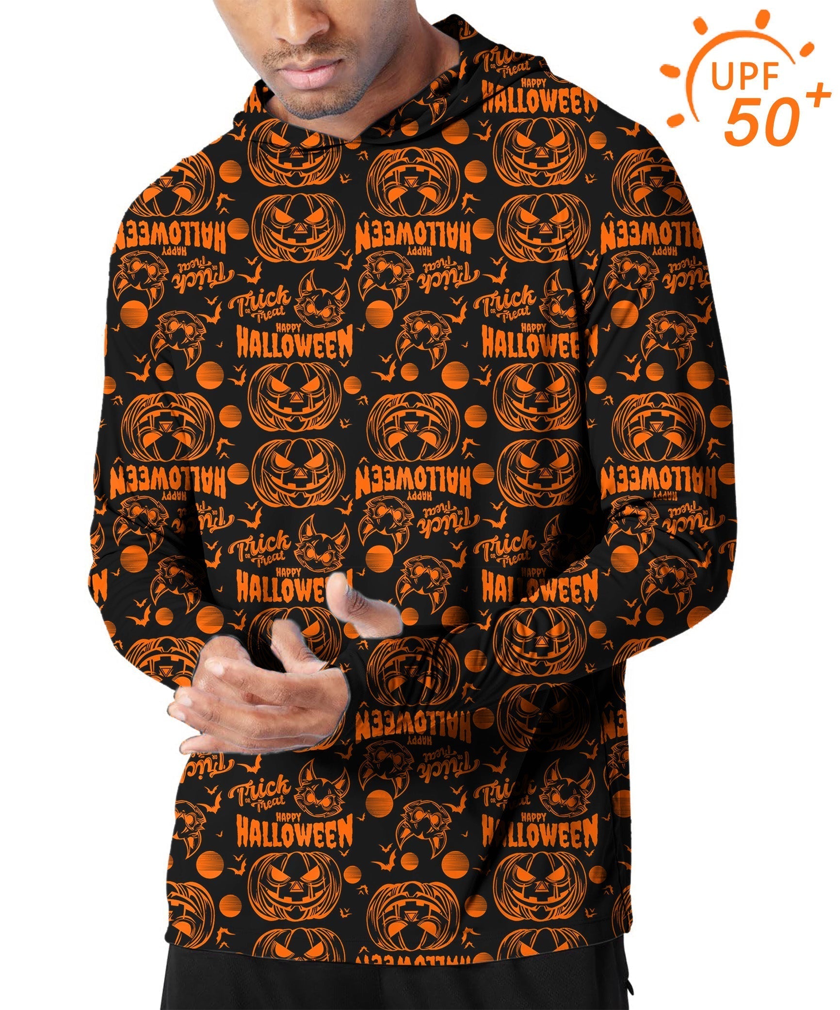 Men's slim fit outdoor hoodie with Happy Halloween pumpkin golf print and UPF 50+ sun protection