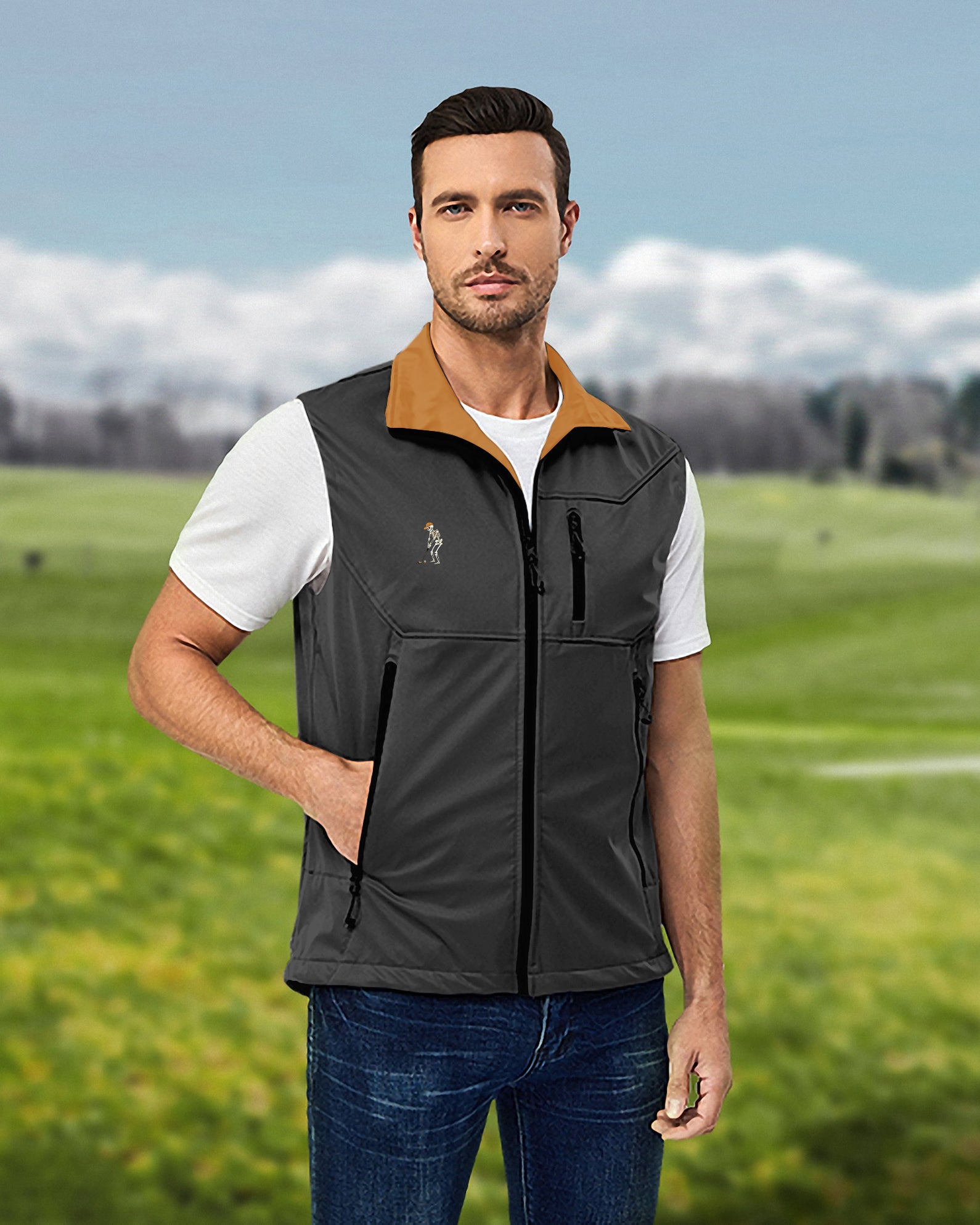 Men's Pumpkin Black Halloween Skeleton Golf Lightweight Softshell Vest Sleeveless Jacket for Golf Windproof Waterproof