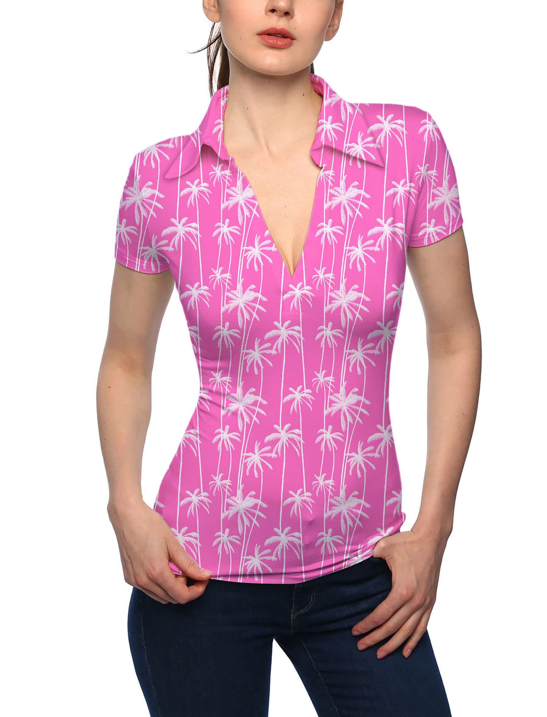 Women's Pink Coconut Tree V Neck Golf Polo