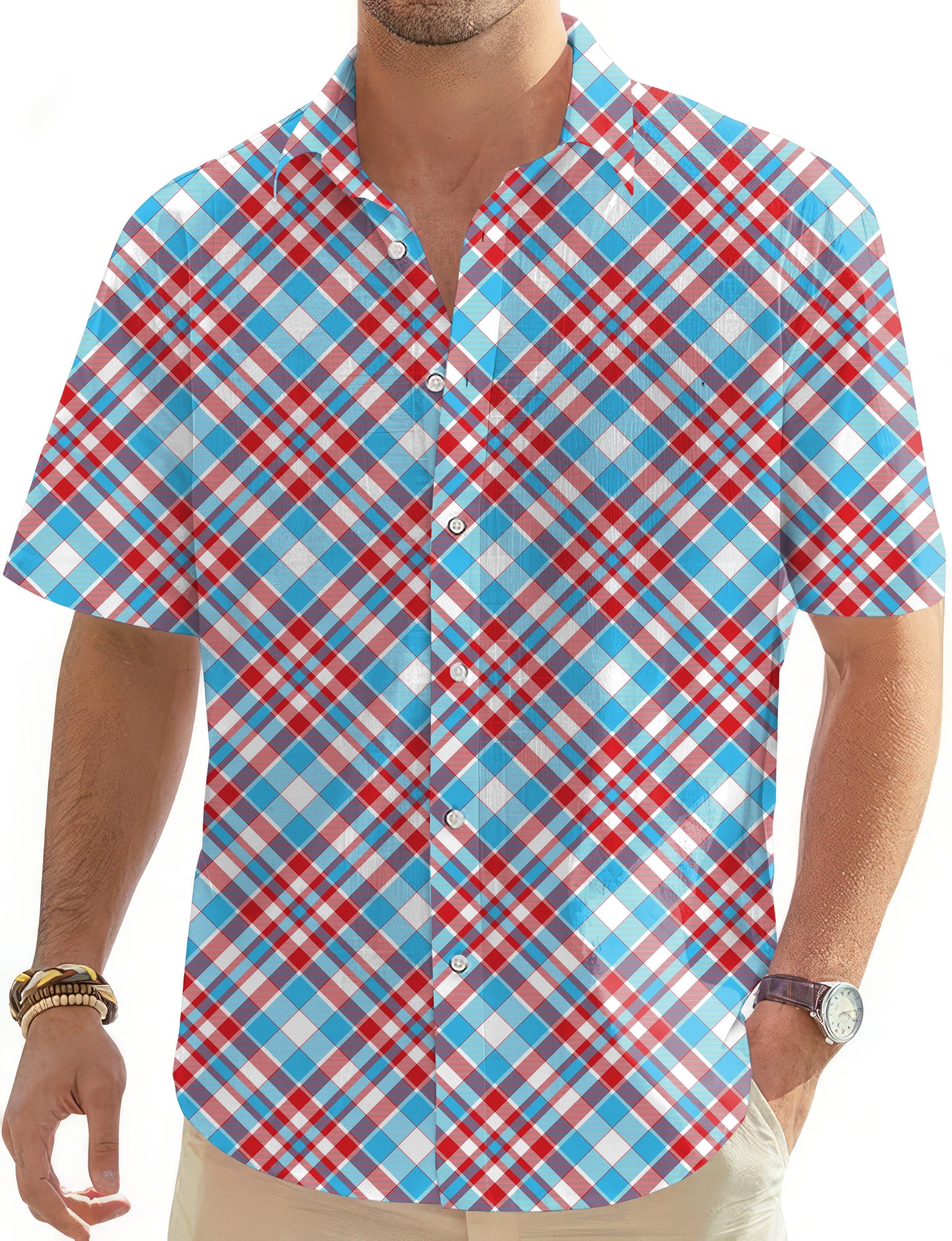 Men's Golf button-down Hawaiian shirt with red and blue argyle pattern, short sleeves, and classic collar