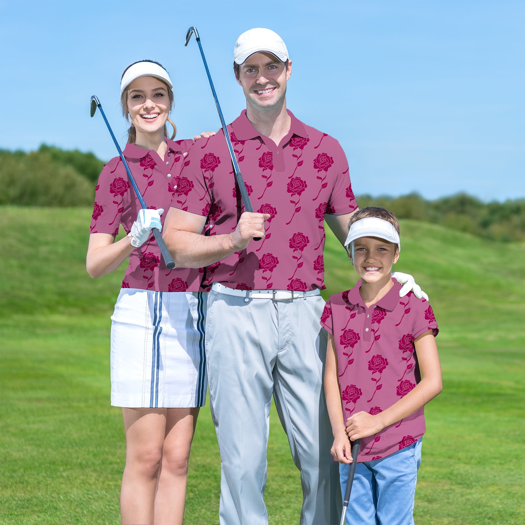 Family wearing Red Roses Limited Edition golf shirts on course with clubs