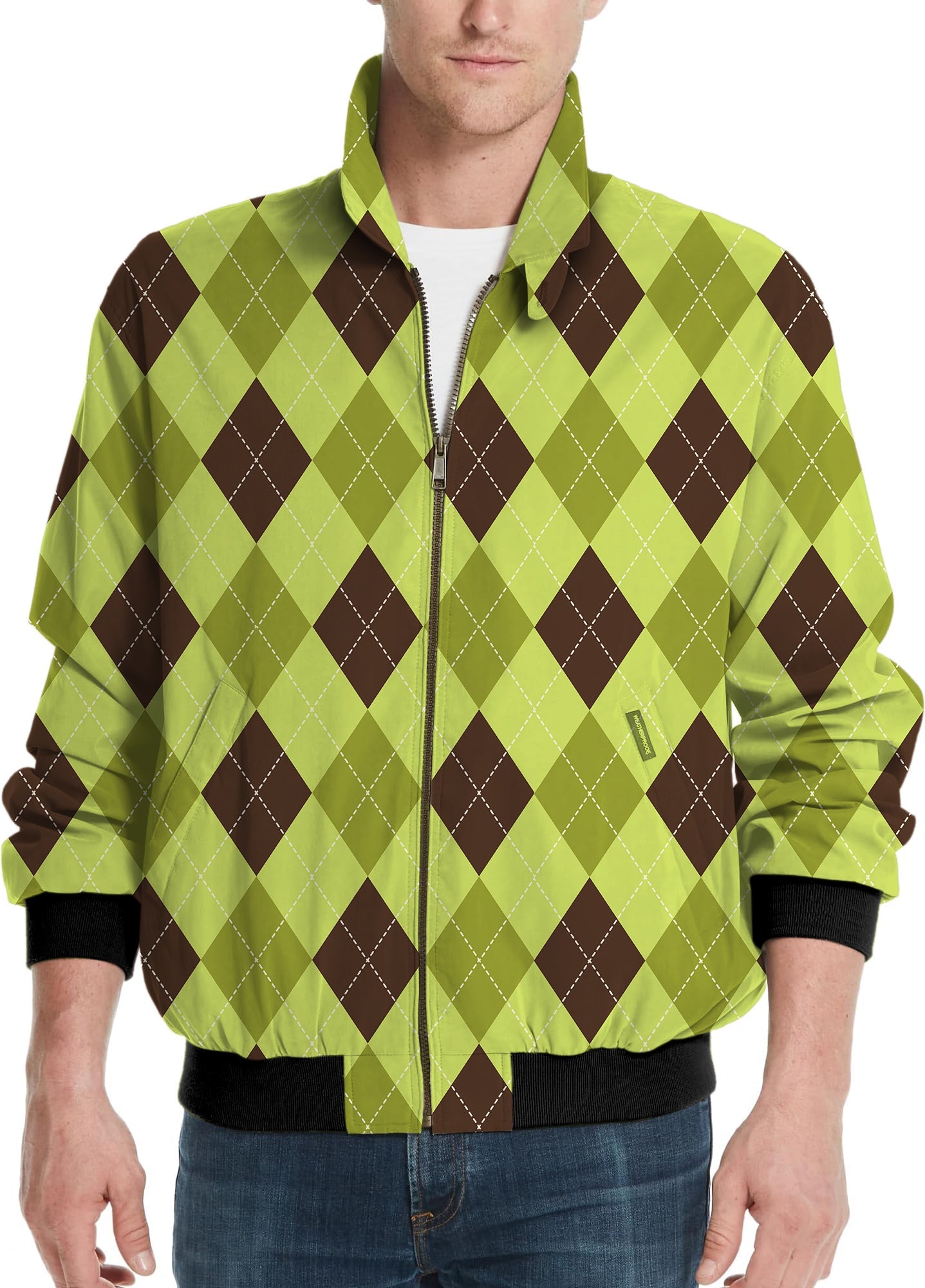 Yollow Argyle men's golf windbreaker light jacket with green and brown argyle pattern