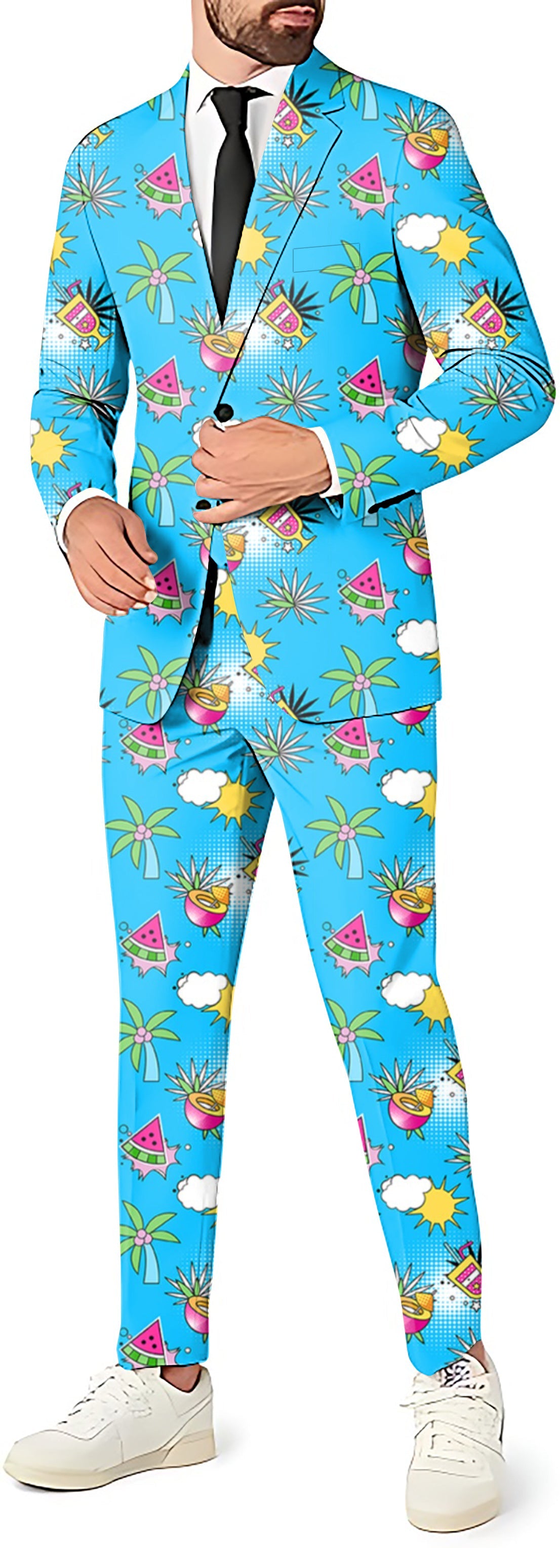 Men's perfect summer party suit with blazer, pants, and vest in tropical print