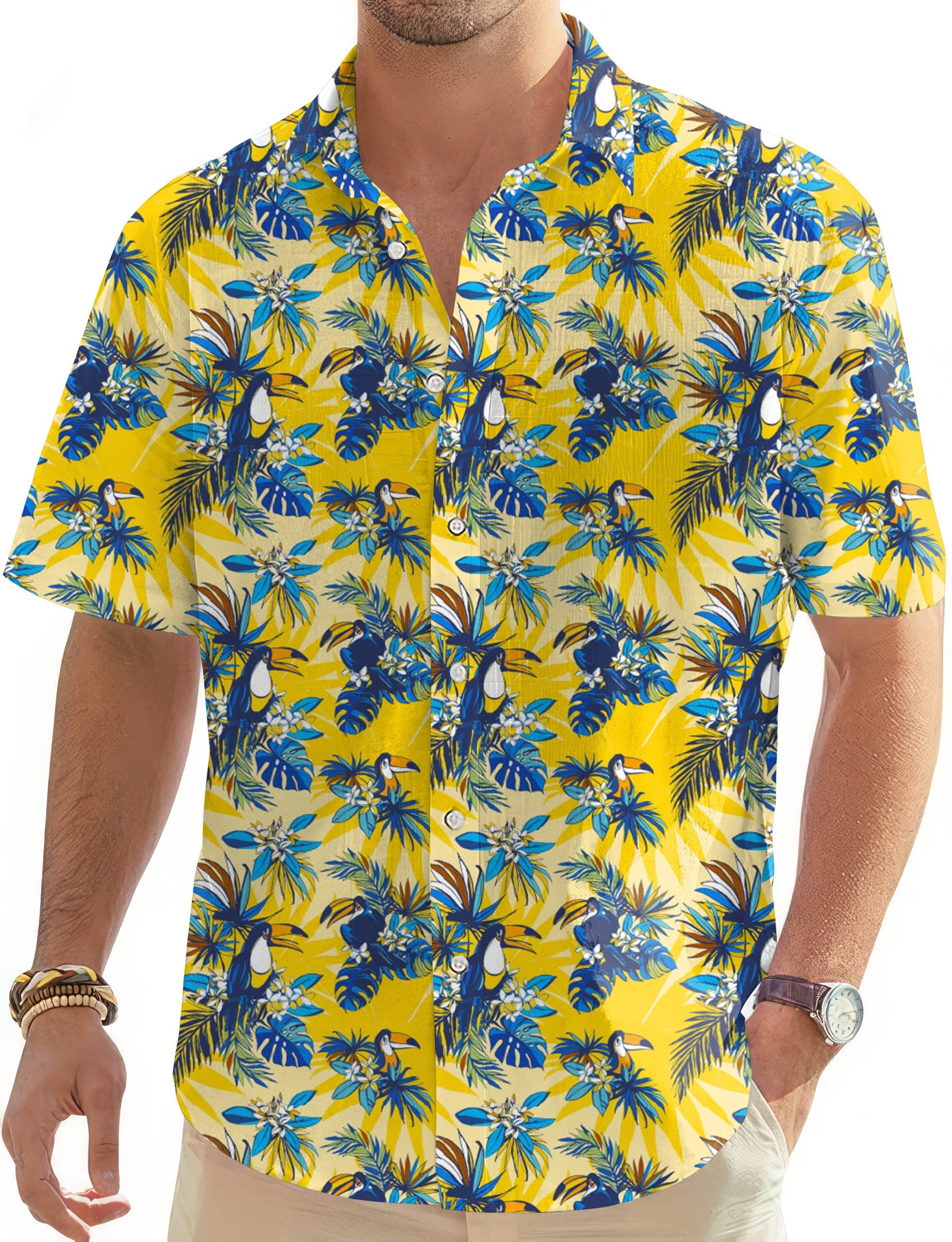Flamingo yellow men's golf Hawaiian shirt with blue tropical floral print and button-down collar