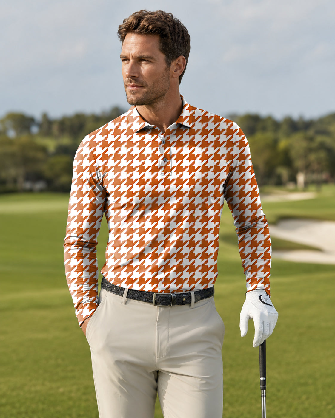 Men's Halloween yellow and white houndstooth Long-sleeved Polo
