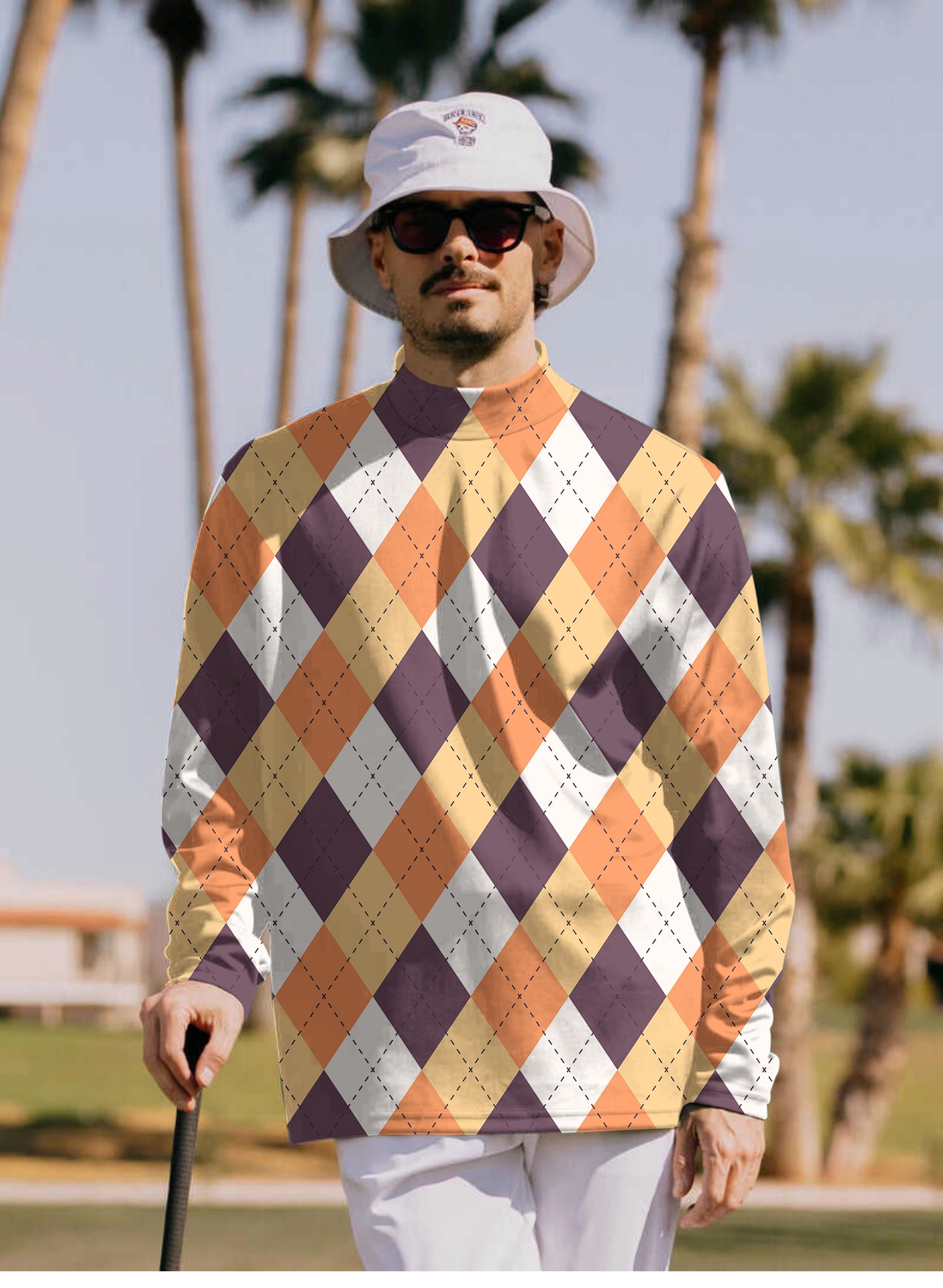 Men's Halloween orange white brown argyle pullover high neck long sleeve shirt outdoors