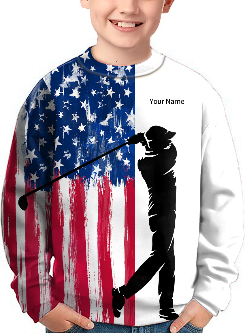Personalized embroidery Your Name American Flag Crewneck Pullover Kids Ugly Sweater