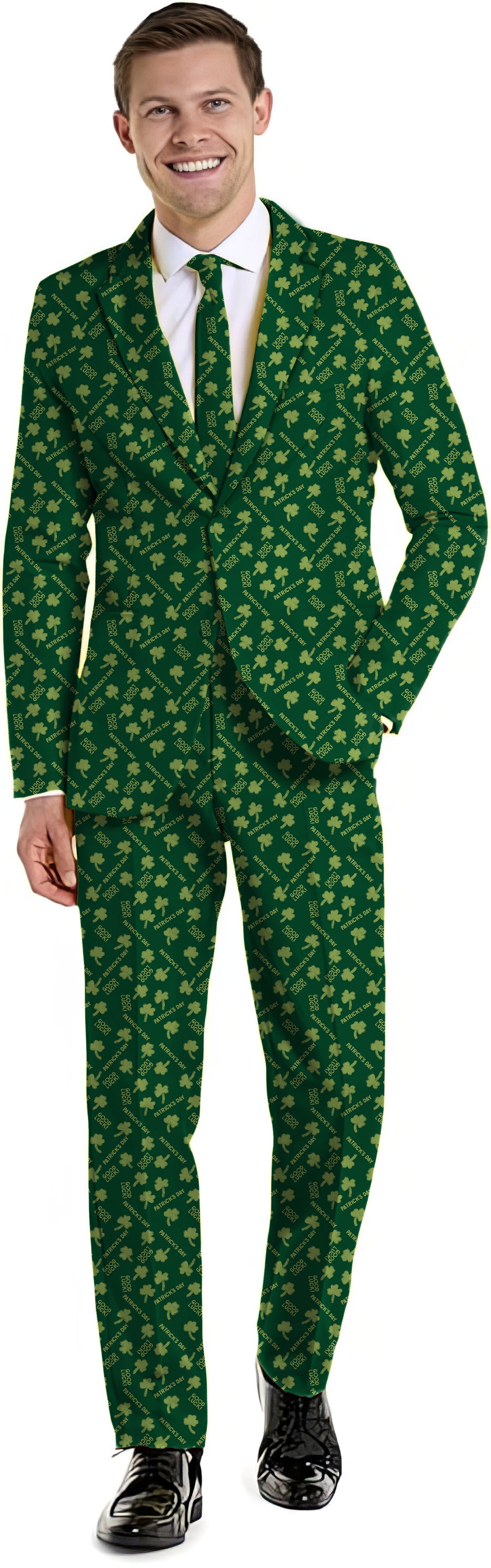 Men's St. Patrick's Day green suit with leaf clover pattern blazer and pants