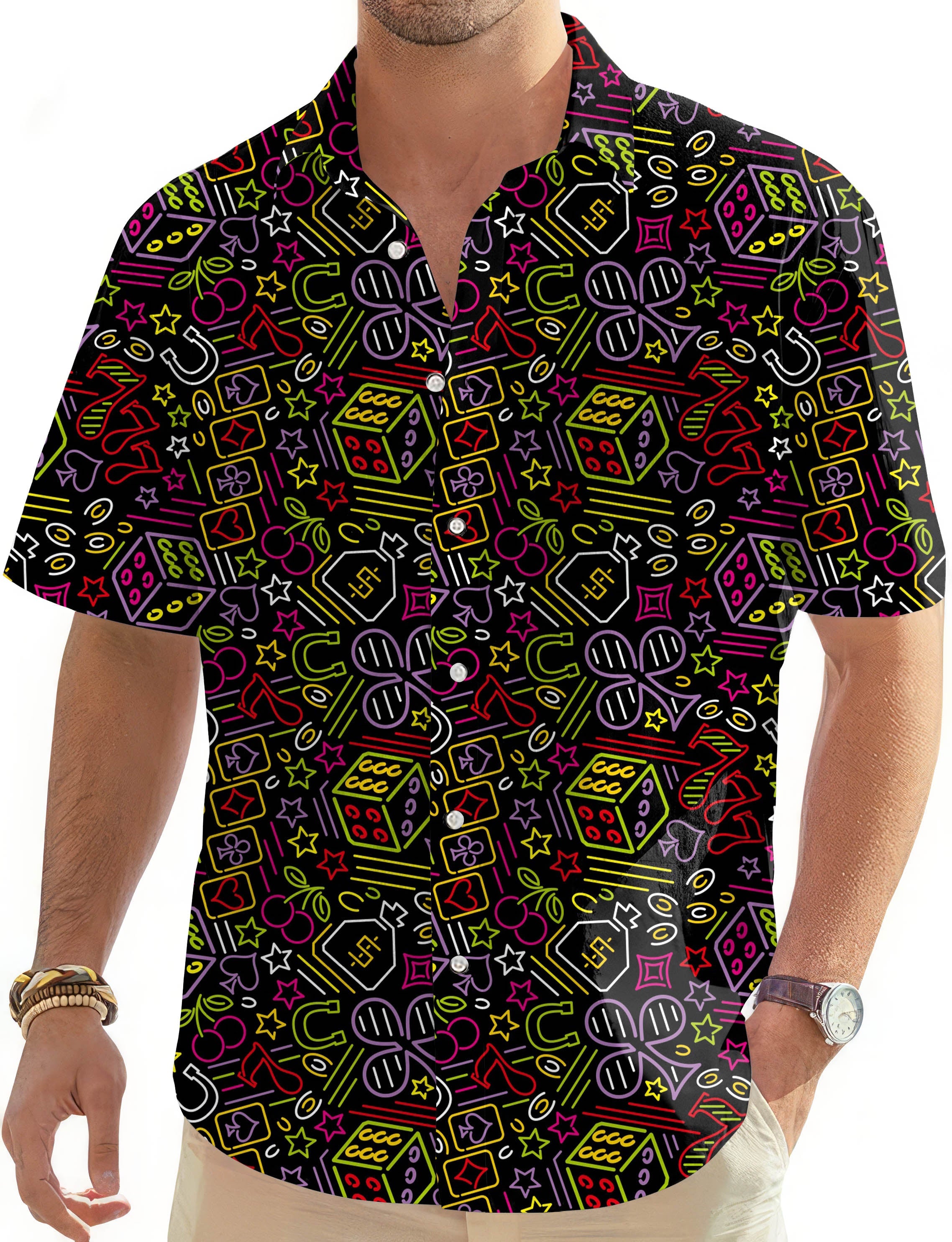 Men's Dice Poker Hawaiian golf shirt with colorful dice and card patterns, short sleeve button-down design