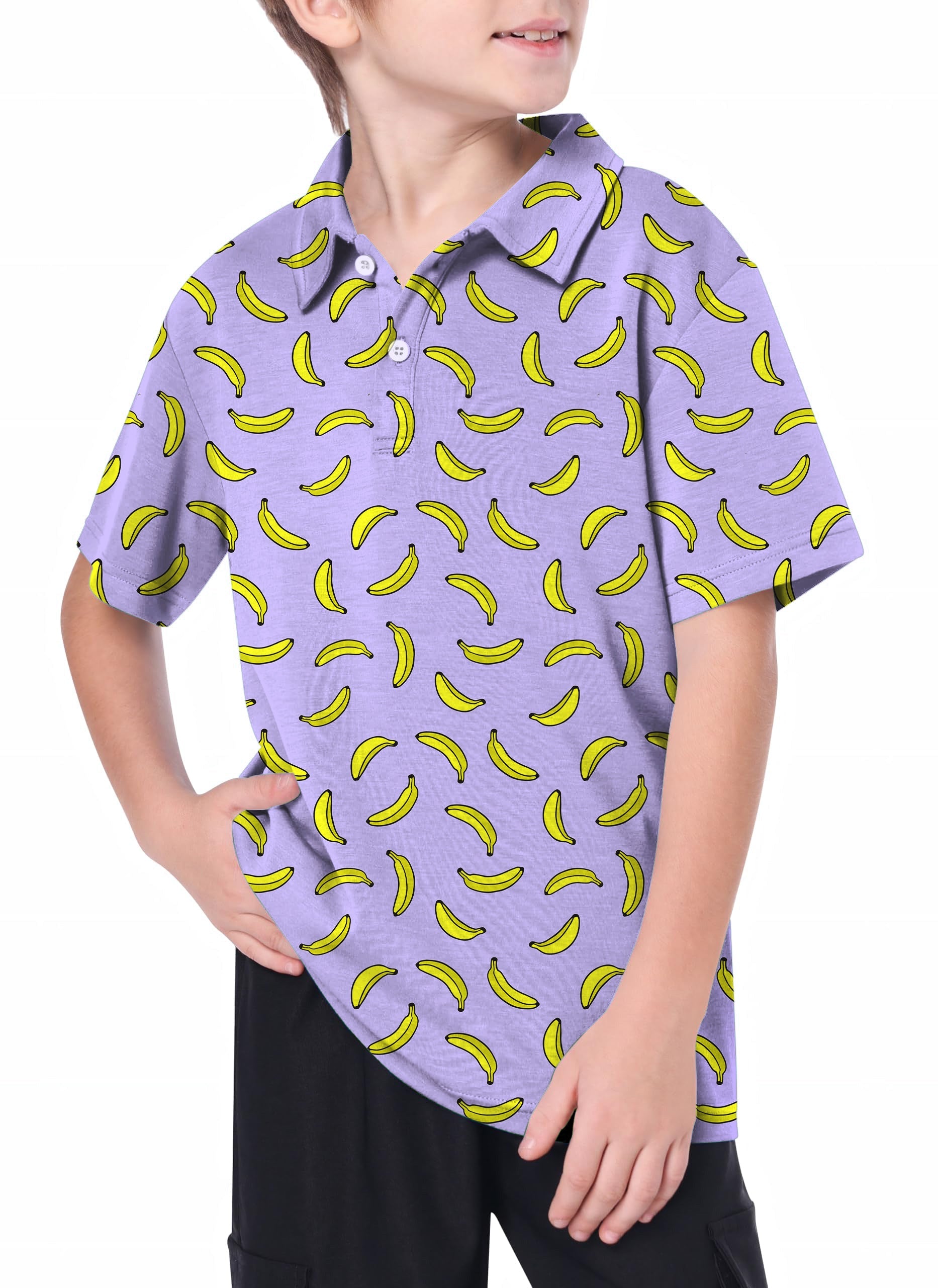 Youth Taro Purple Banana Golf Polo with yellow banana print, 4-way stretch, moisture-wicking fabric for kids