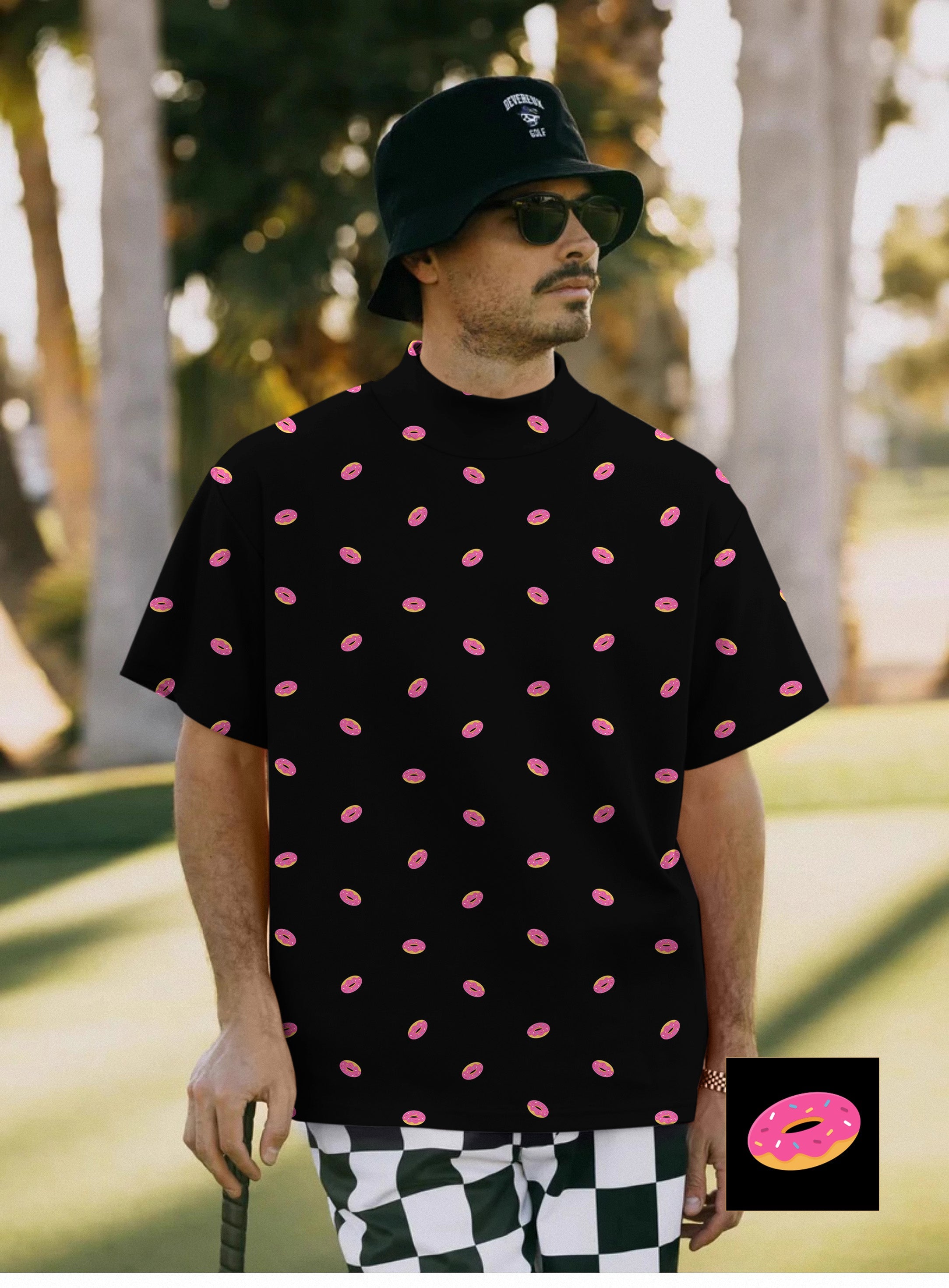Men's Donut Custom black short sleeve pullover T-shirt with pink donut pattern and high neck collar