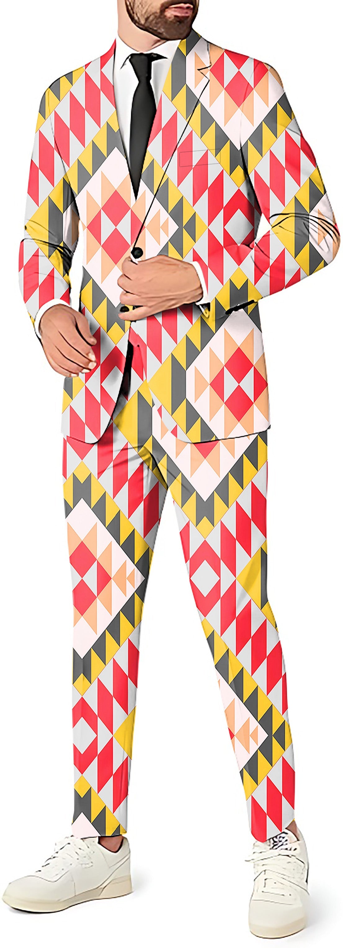 Eco Friendly Bold Vibrations Men's party suit with blazer, vest, and pants in colorful geometric pattern