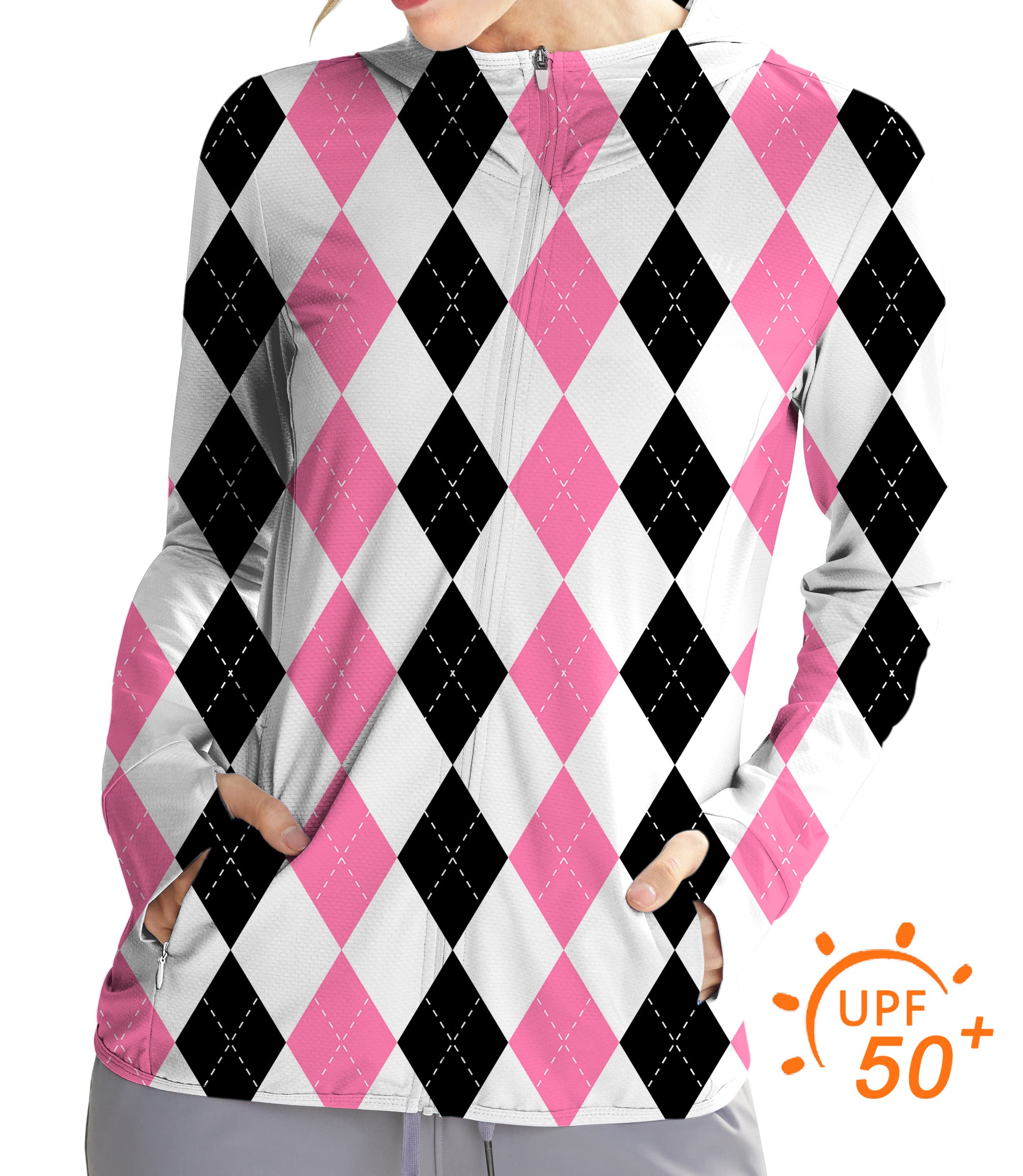 Women's Outdoor pink black argyle Golf Sun Protection Slim Fit zip hoodies