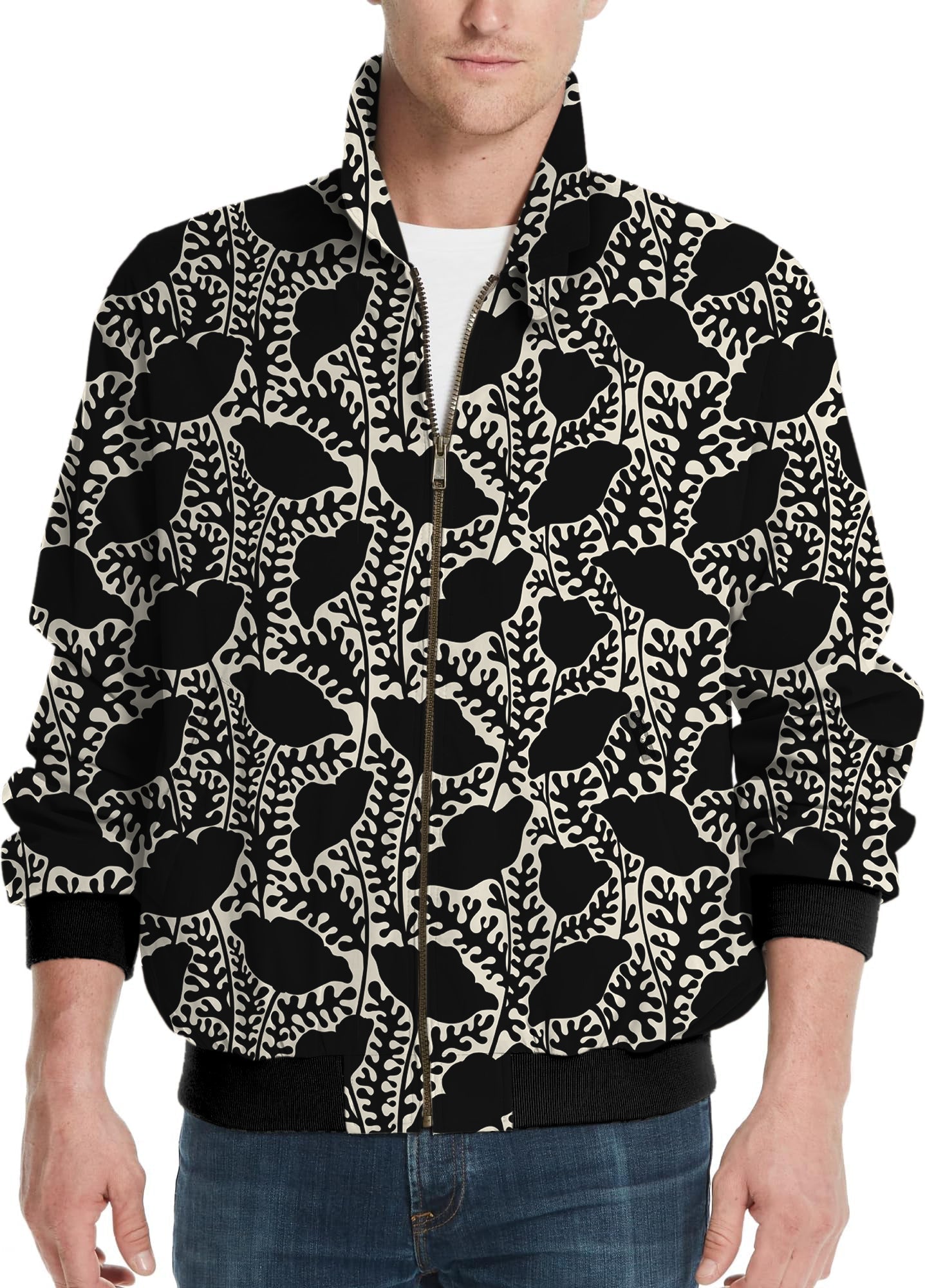 Monochrome Bloom-Men's black and white floral golf windbreaker jacket