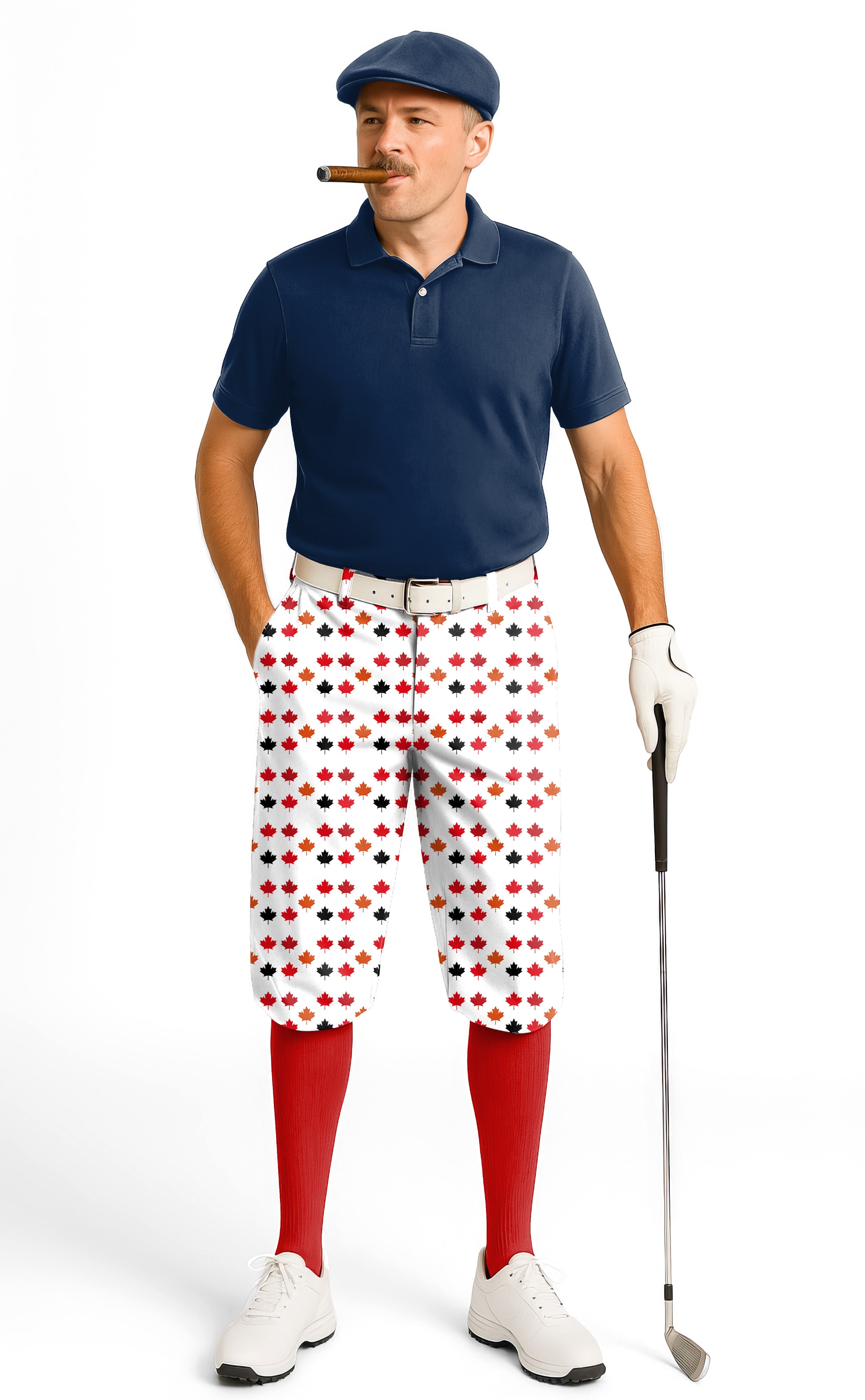 Man wearing Canada Four Color Maple Leaves men's golf knickers with navy polo and red knee-high socks playing golf