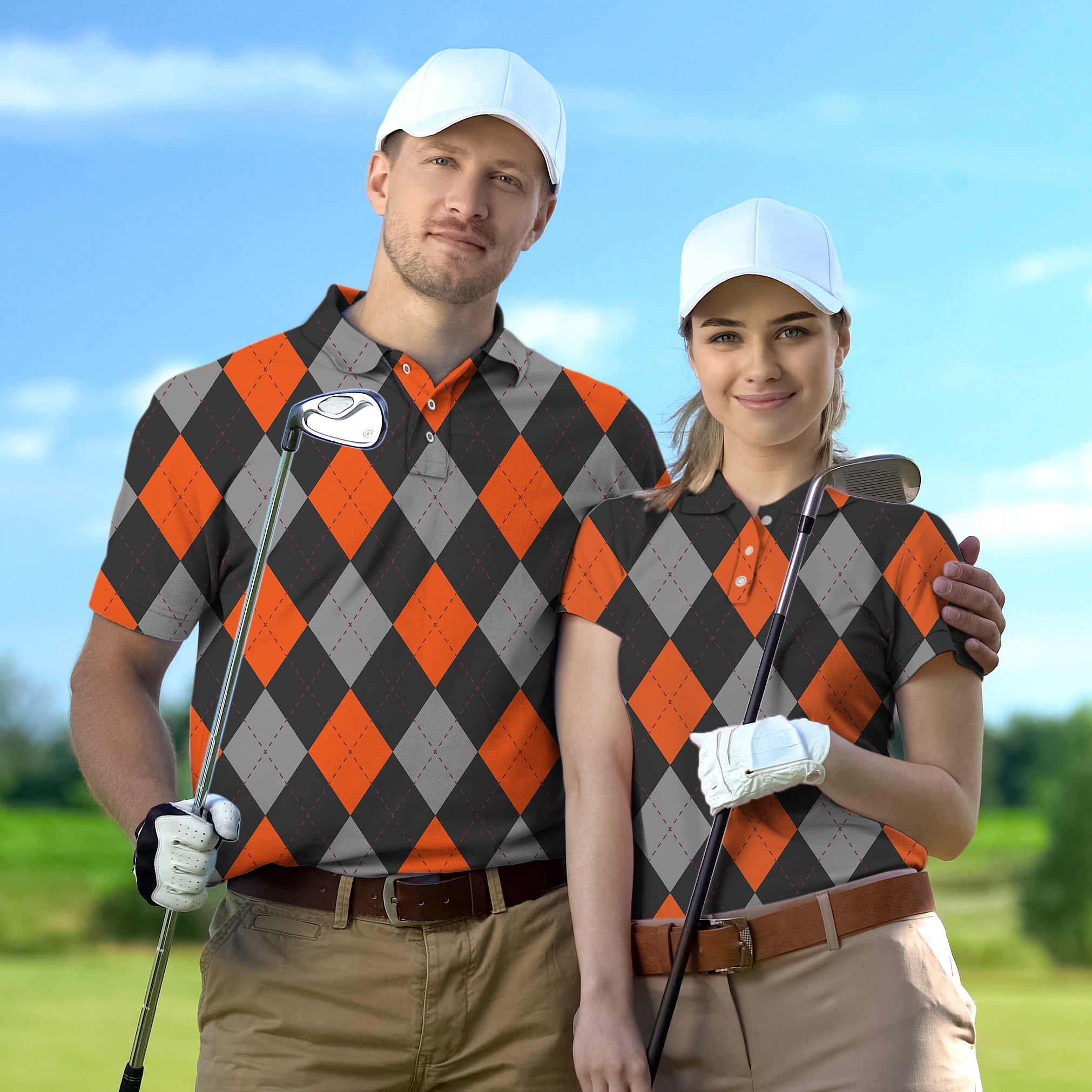 couple wearing Halloween black red argyle golf shirts holding golf clubs outdoors