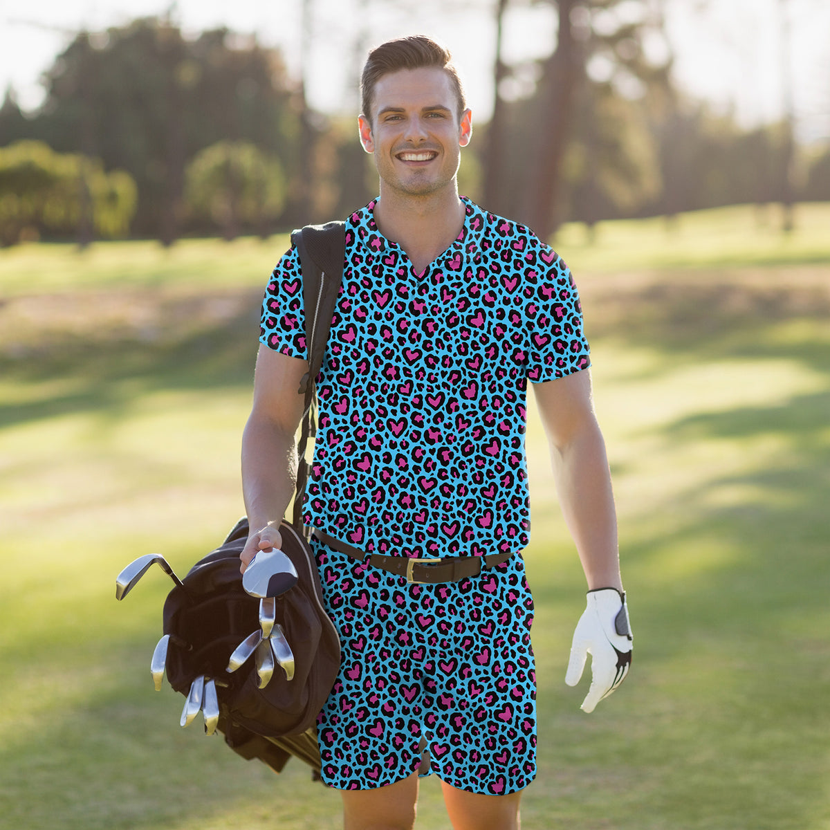Men's Golf Set Polo+Shorts Pink leopard print