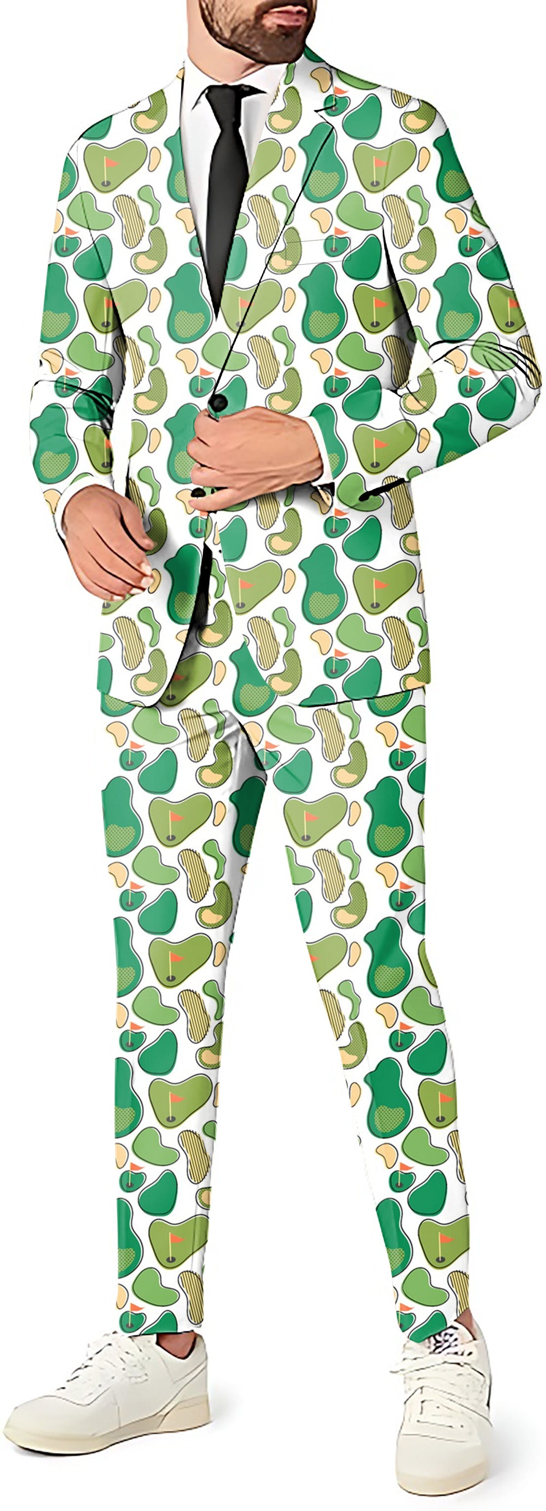 Winning Putt Men's party suit set with blazer, pants, and vest featuring golf-themed avocado print.