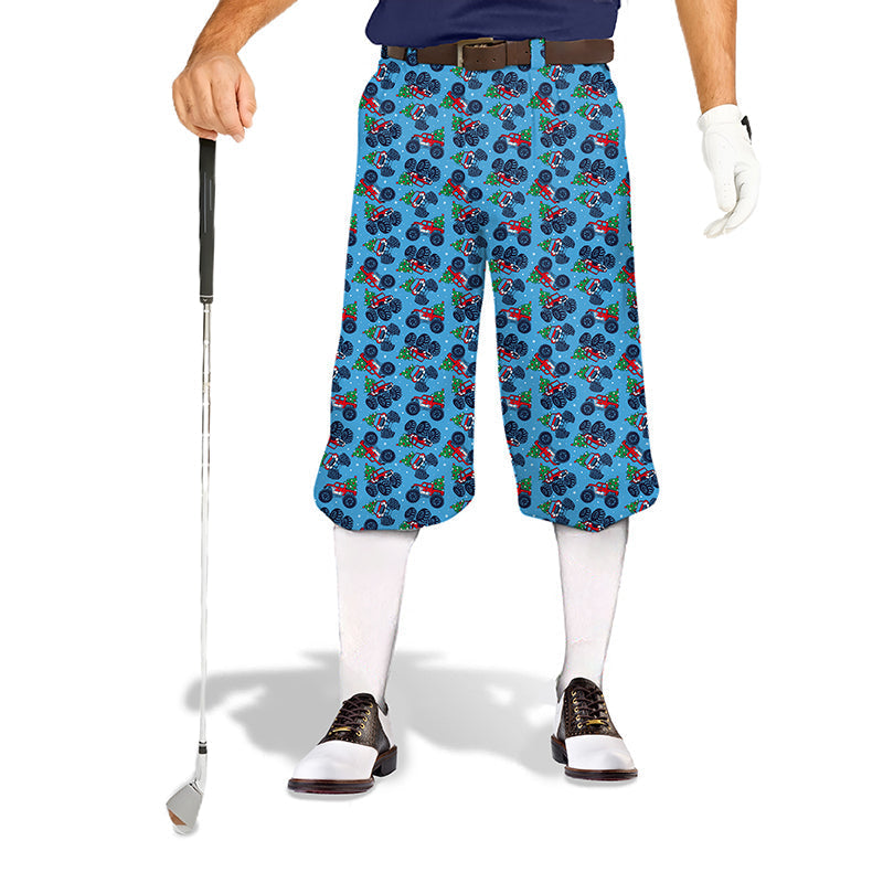 Men's Christmas truck golf knickers pants with blue background and festive truck pattern, lightweight and breathable design for comfortable play