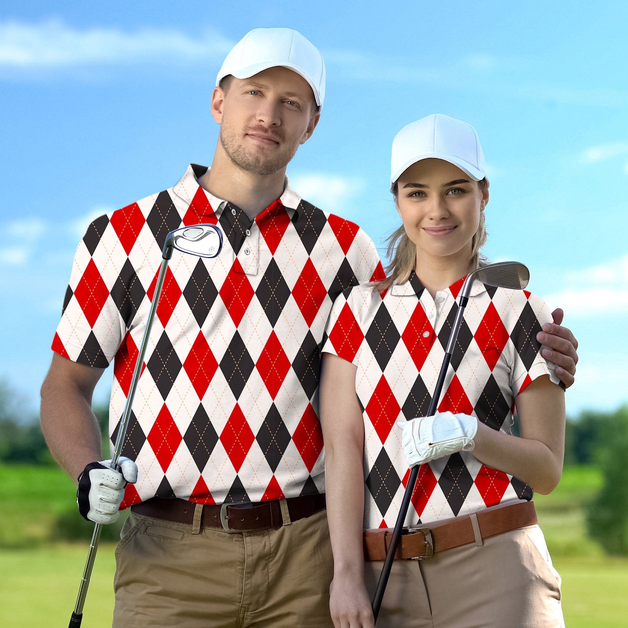 couple wearing Argyle red black grid golf shirts holding clubs on golf course