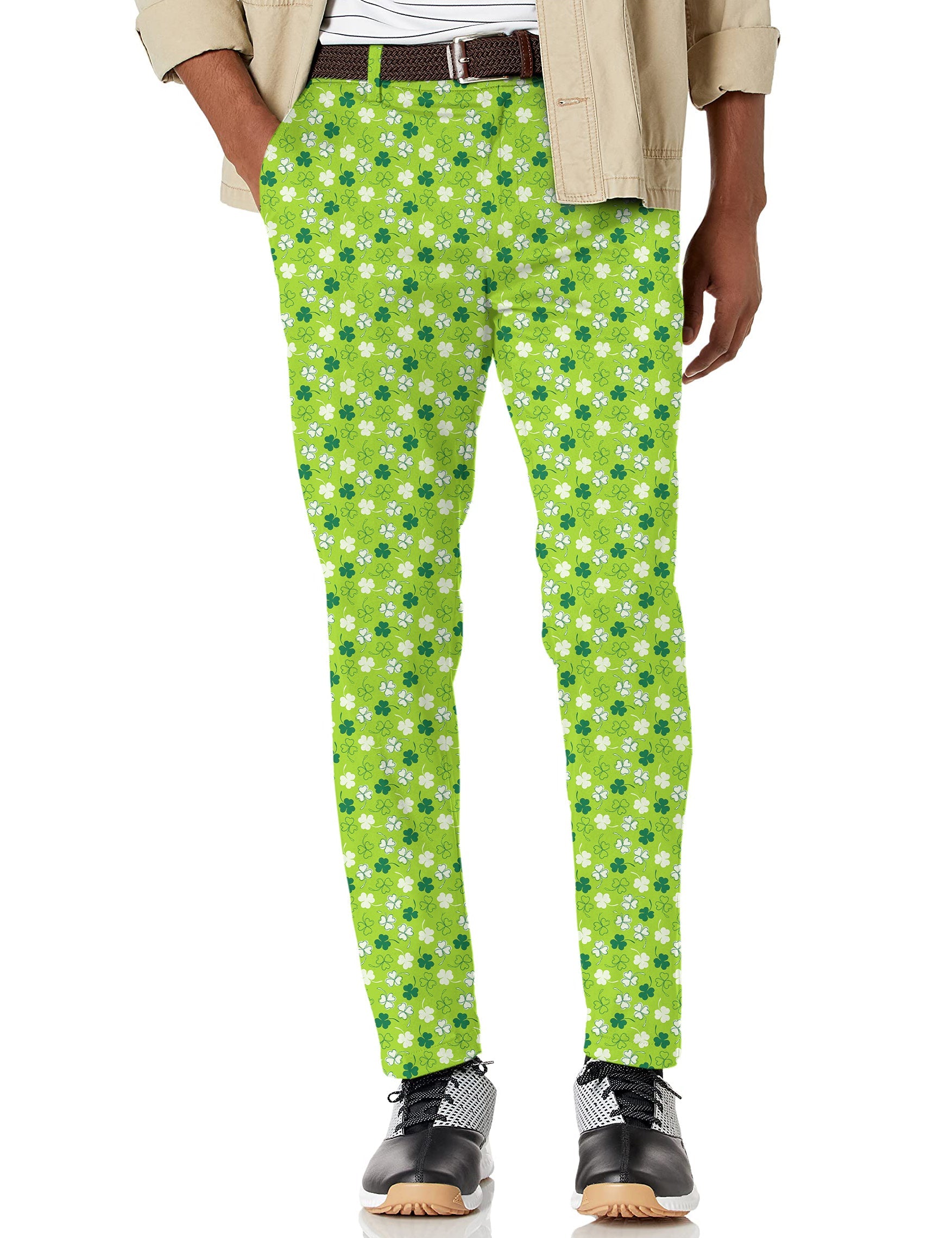 Men's Day Stretch Golf Pants with green clover pattern for St. Patrick's Day, moisture-wicking and wrinkle-resistant fabric.