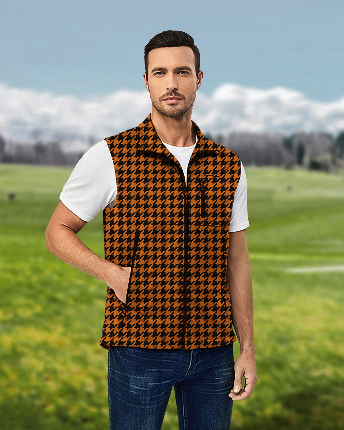 Men's Halloween yellow and black houndstooth Lightweight Softshell Vest Sleeveless Jacket for Golf Windproof Waterproof