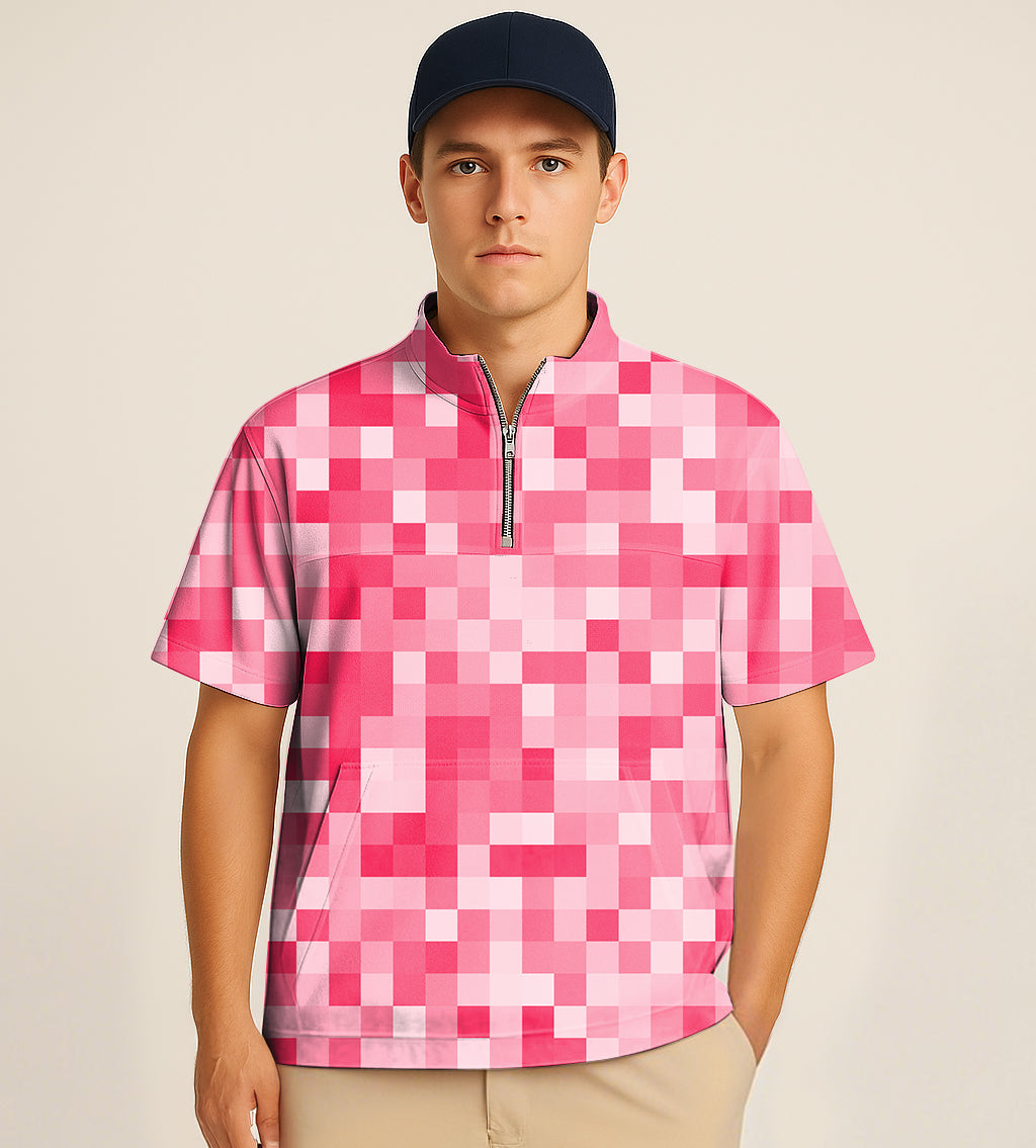 Men's half zipper turtleneck golf shirt with light red pixel embroidery design