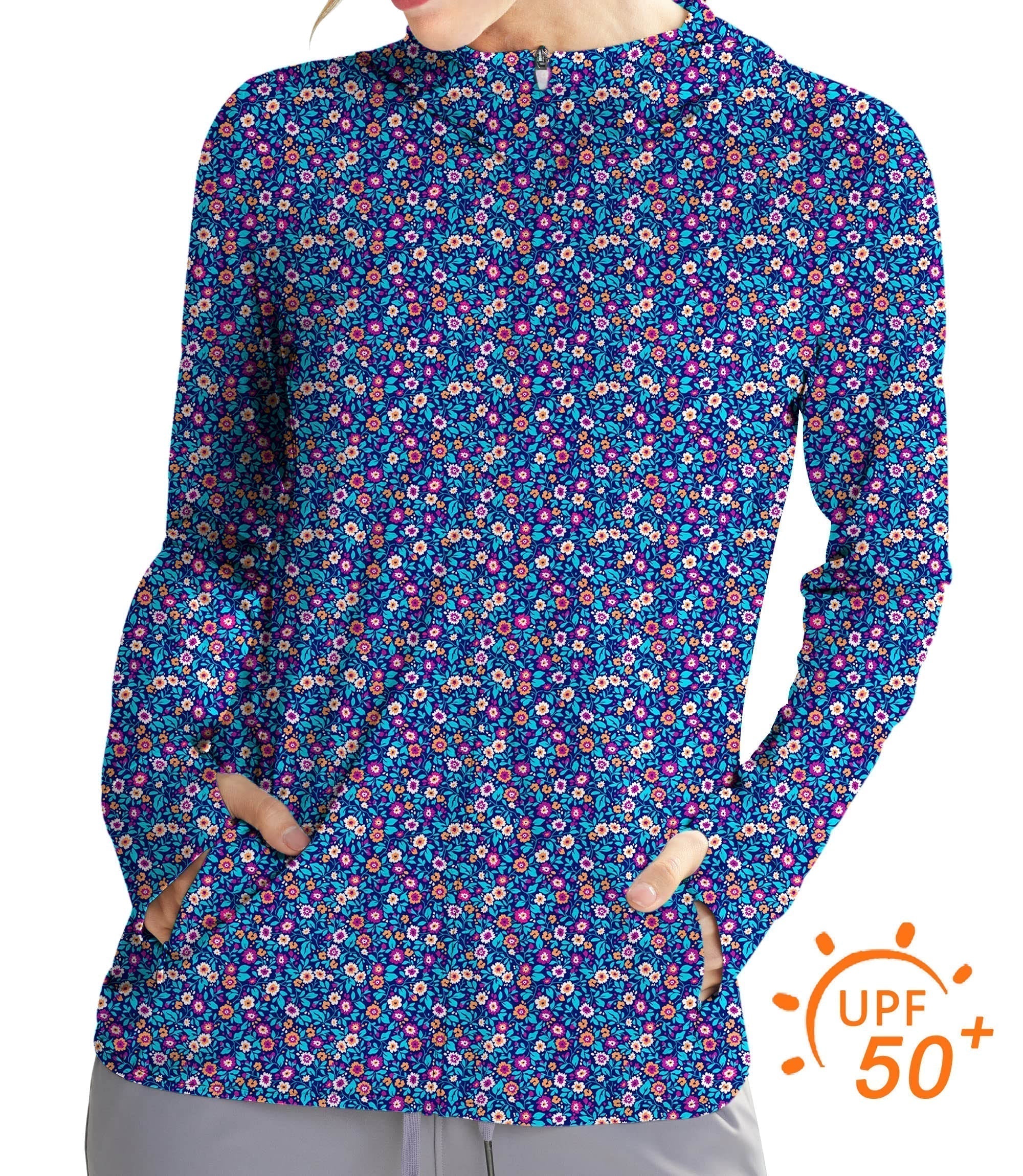 Women's outdoor dark floral slim fit golf hoodie with UPF 50+ sun protection and thumb holes