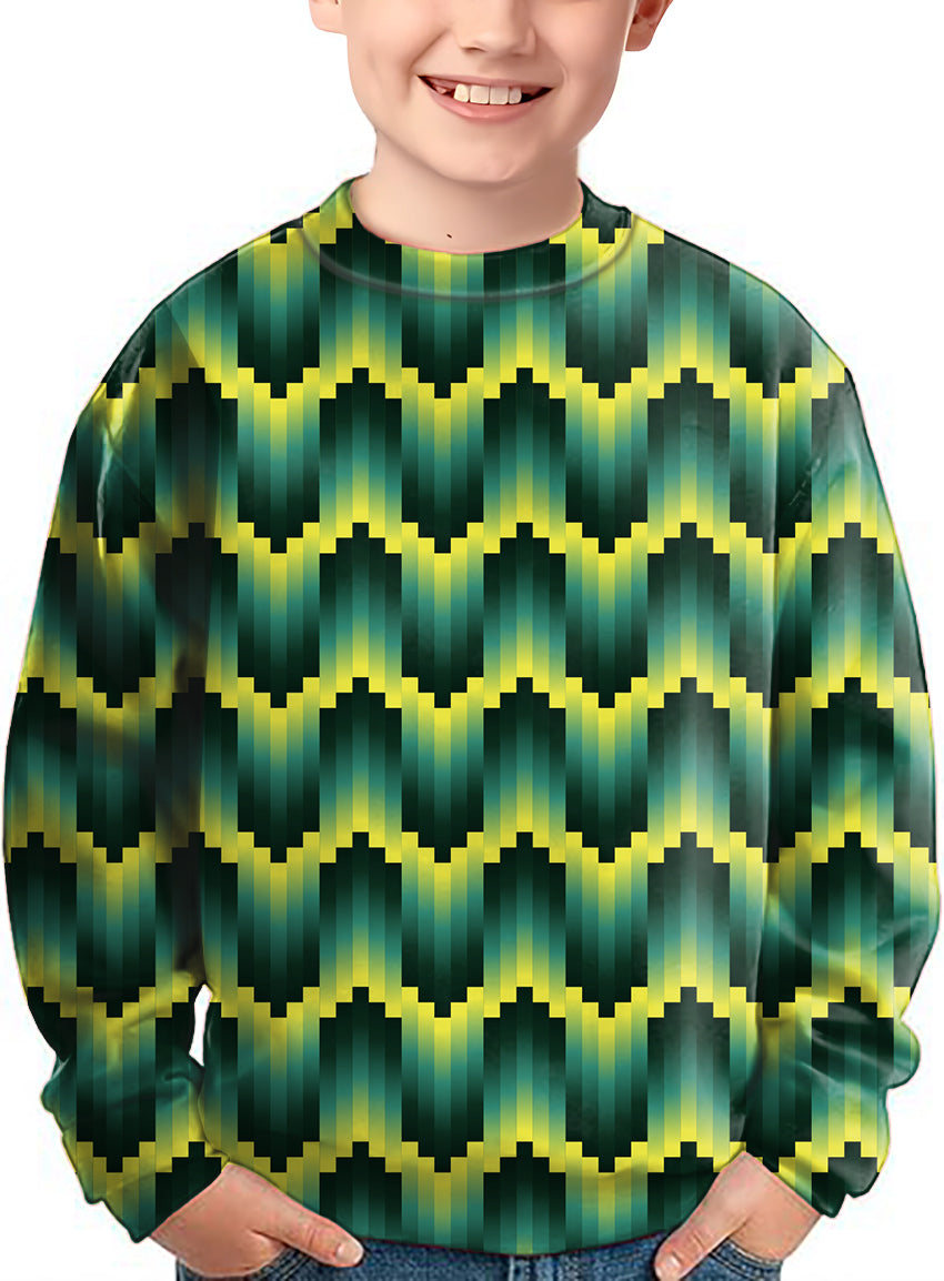 Green Ripples Custom kids crewneck pullover with geometric pattern for sport team uniforms