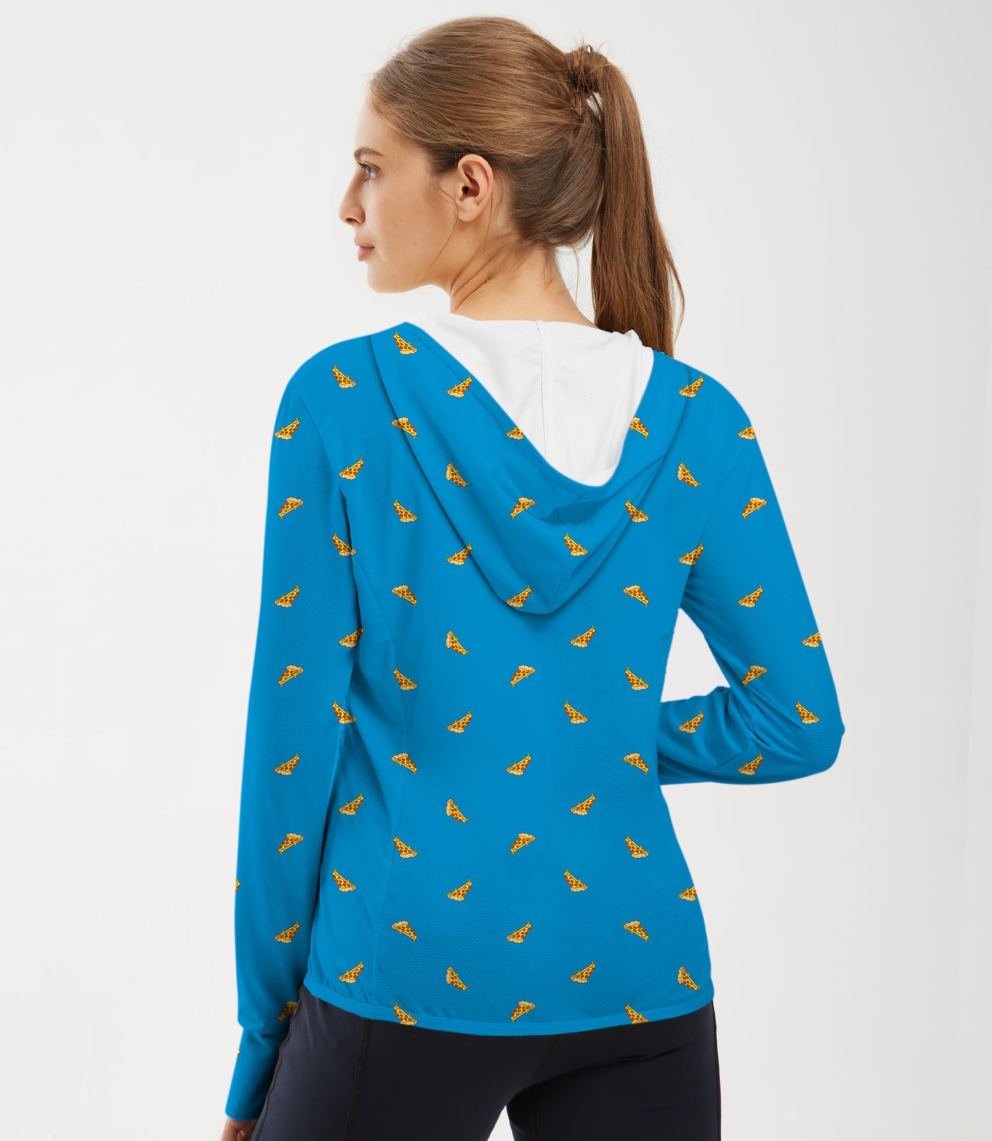 Women's outdoor slim fit zip hoodie with white pizza slice pattern for sun protection and comfort