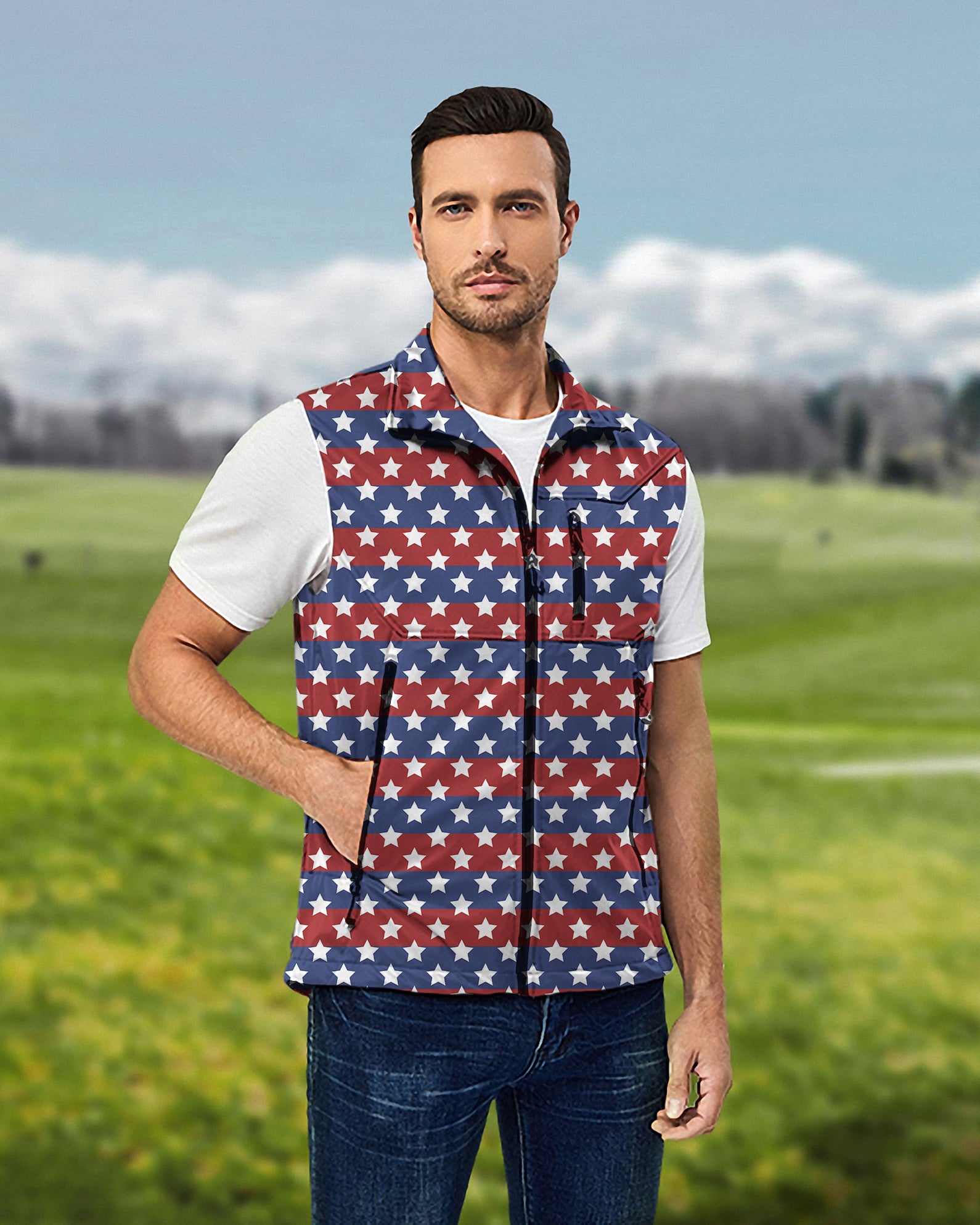 Men's US Flag Stars Lightweight Softshell Vest Sleeveless Jacket for Golf