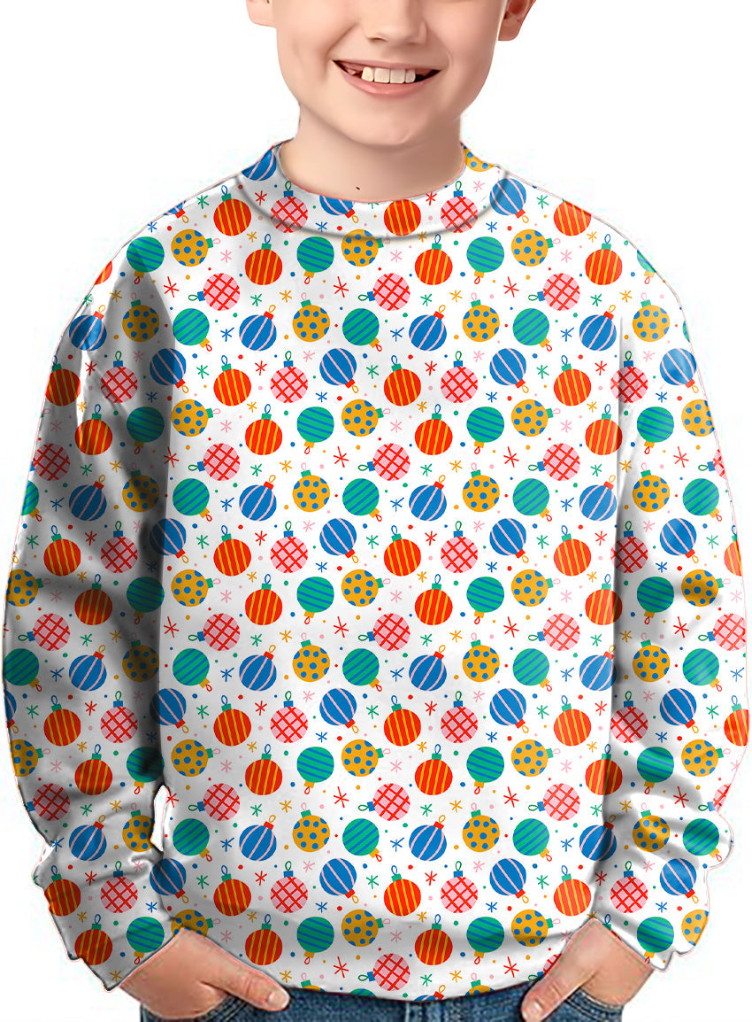 Kids Christmas decoration themed crewneck pullover with colorful ornament pattern
