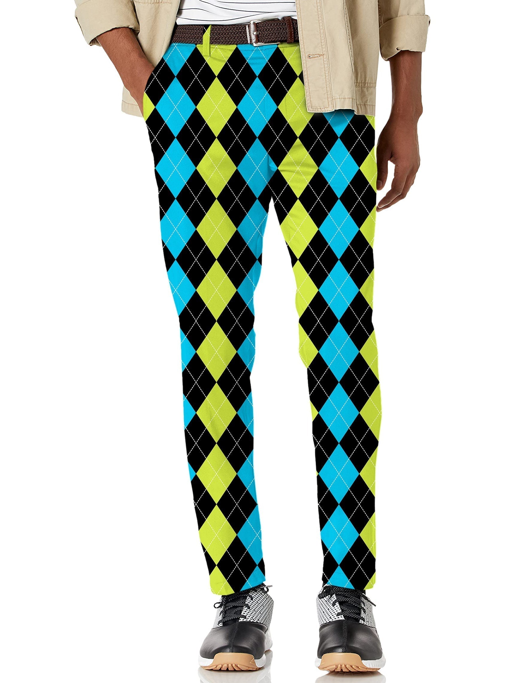 Men's Halloween black green blue argyle stretch golf pants with moisture-wicking fabric and active waistband