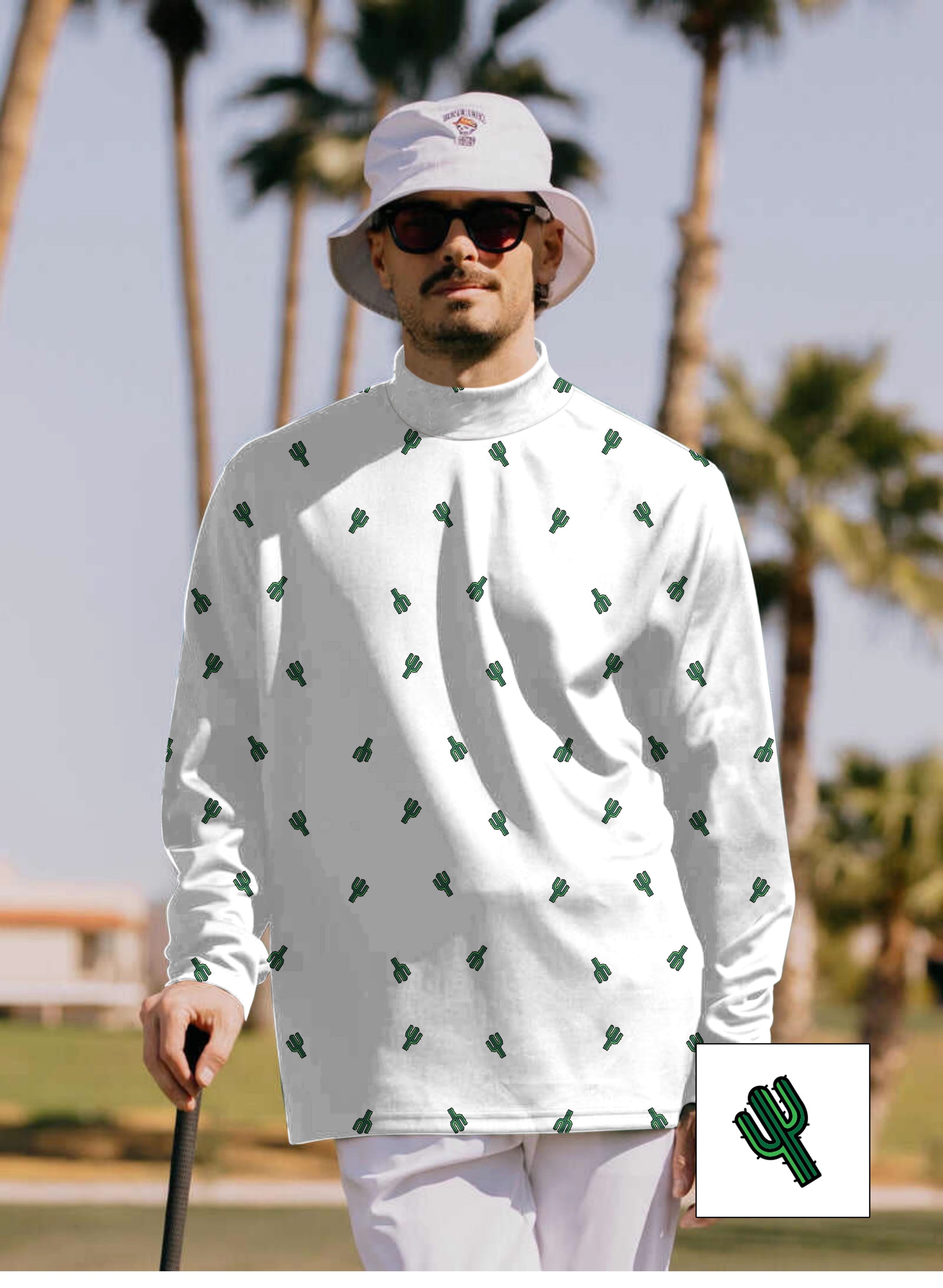 Men's Cactus Custom white high neck pullover with green cactus print, long sleeves, worn outdoors