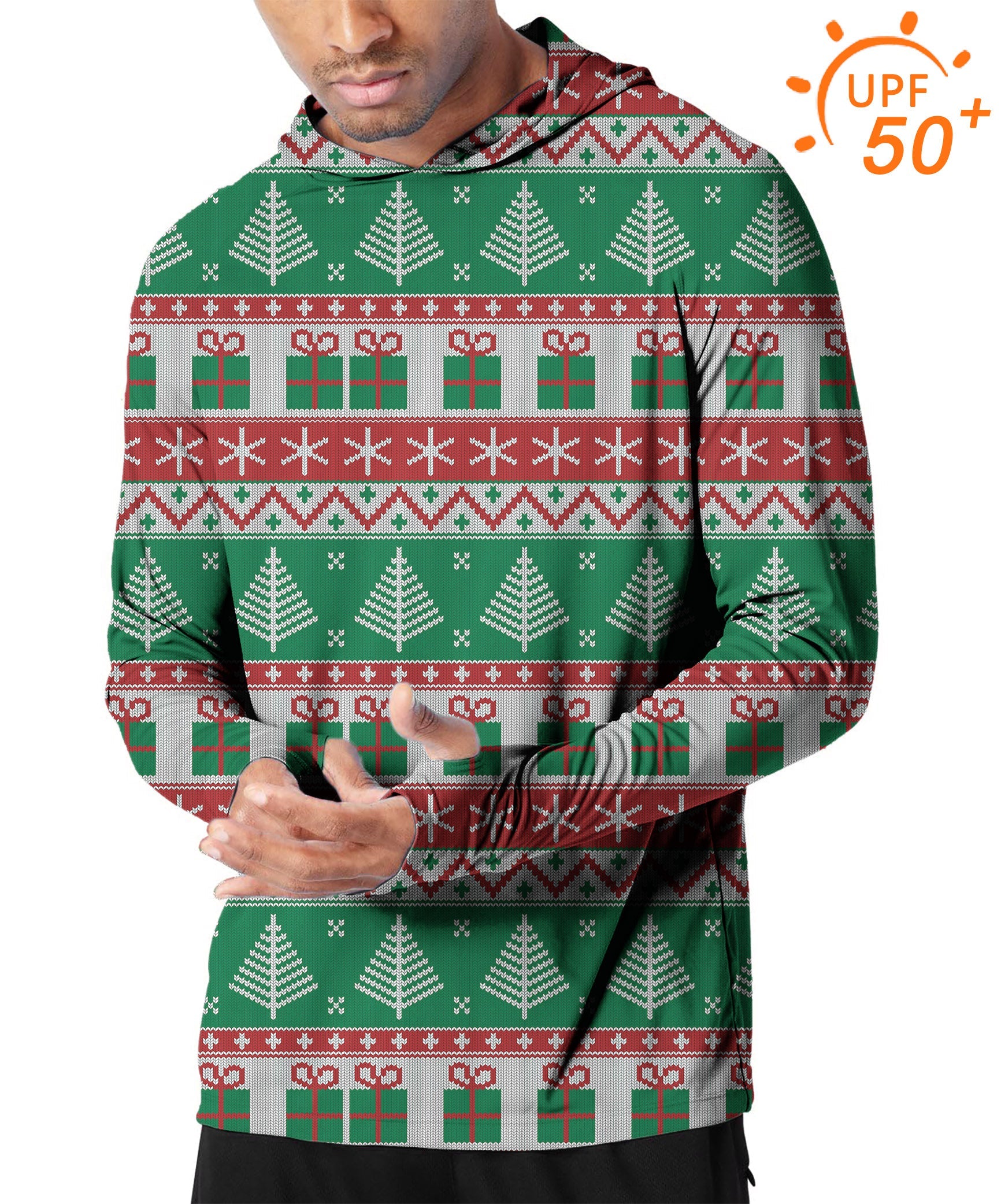 Men's slim fit hoodie with outdoor Christmas tree and gift print, featuring UPF 50+ sun protection and breathable fabric.