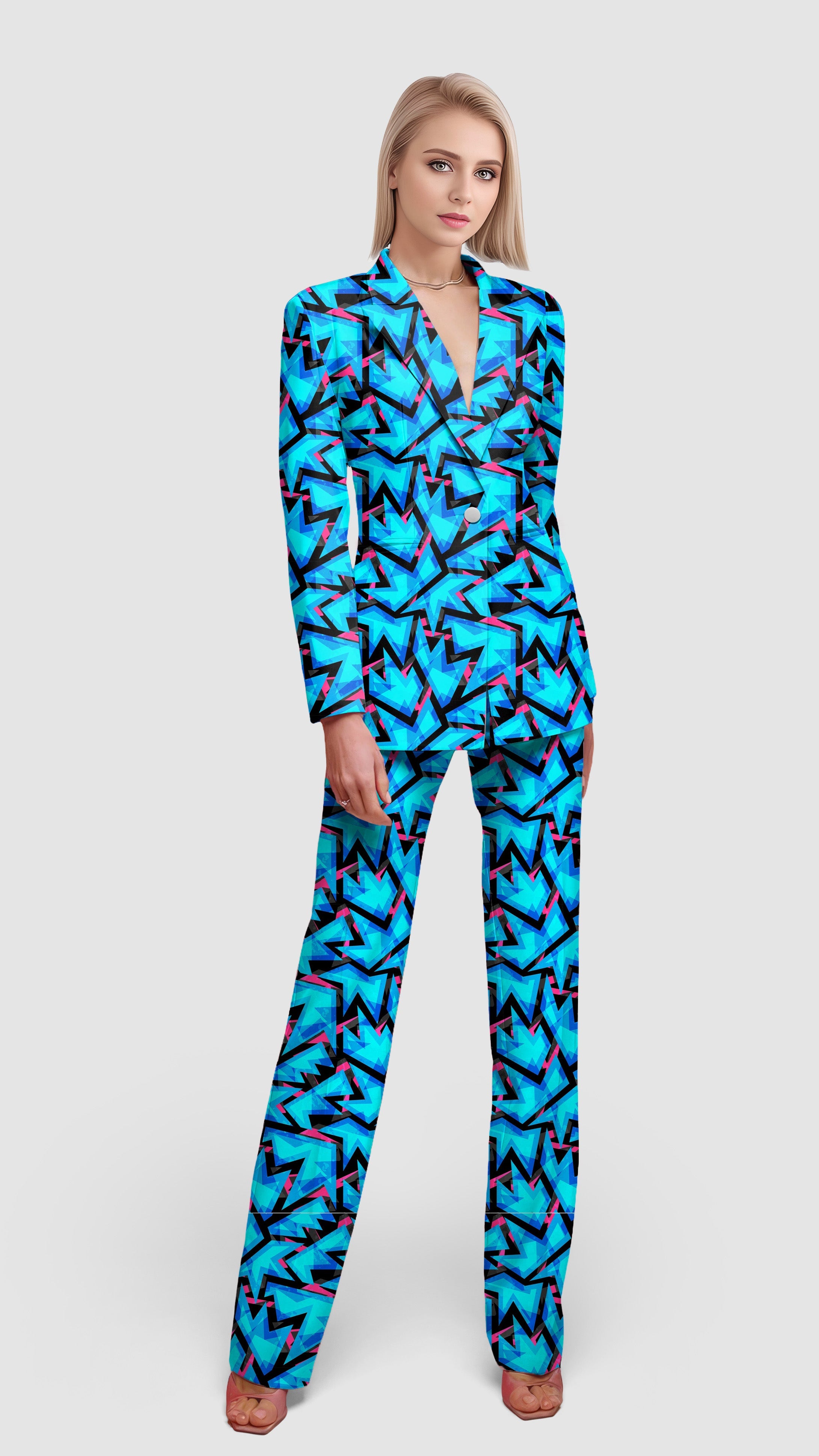 Icey Blues women's blazer suit set with vibrant blue geometric pattern, lapel collar, single-button closure, and matching pants for casual and office wear