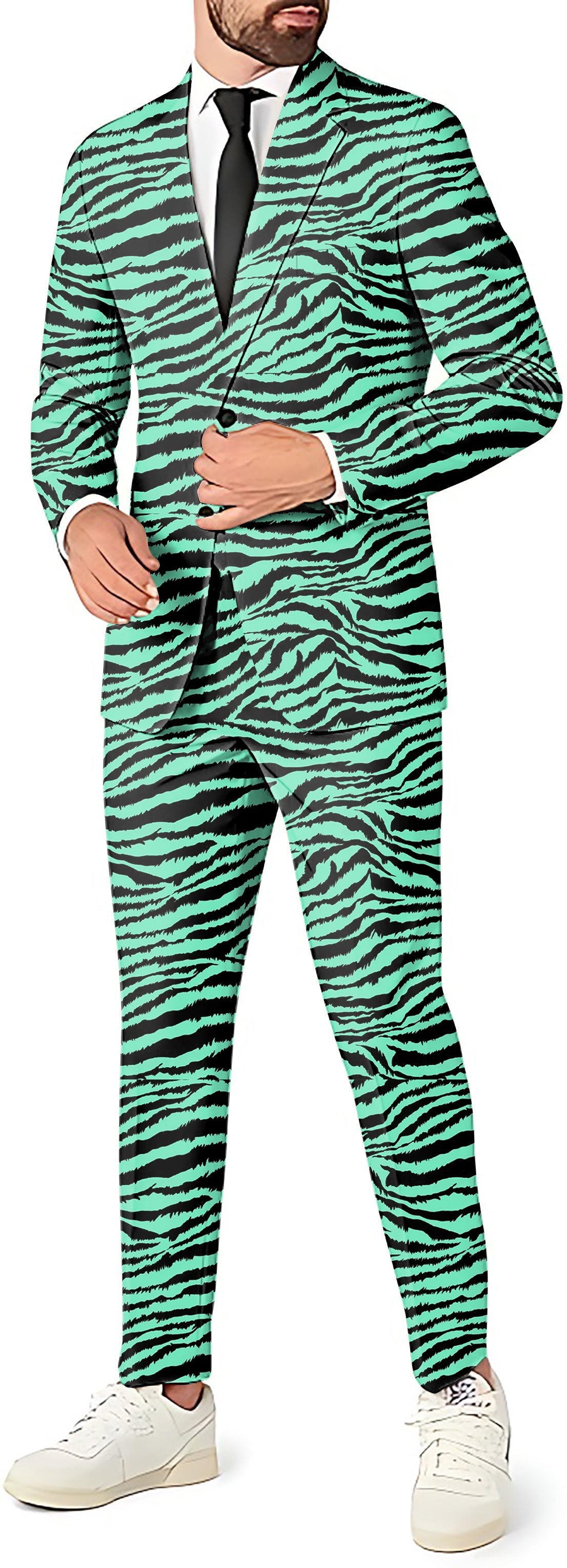 Men's lemon soda beverage themed party suit set with blazer, pants, and vest in green zebra pattern